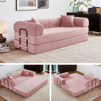 5-in-1 Folding Convertible Sofa Bed, 79" Corduroy Floor Couch Futon, Pull-Out Sleeper Loveseat, Modular Boneless Sofa for Living Room & Bedroom, Pink