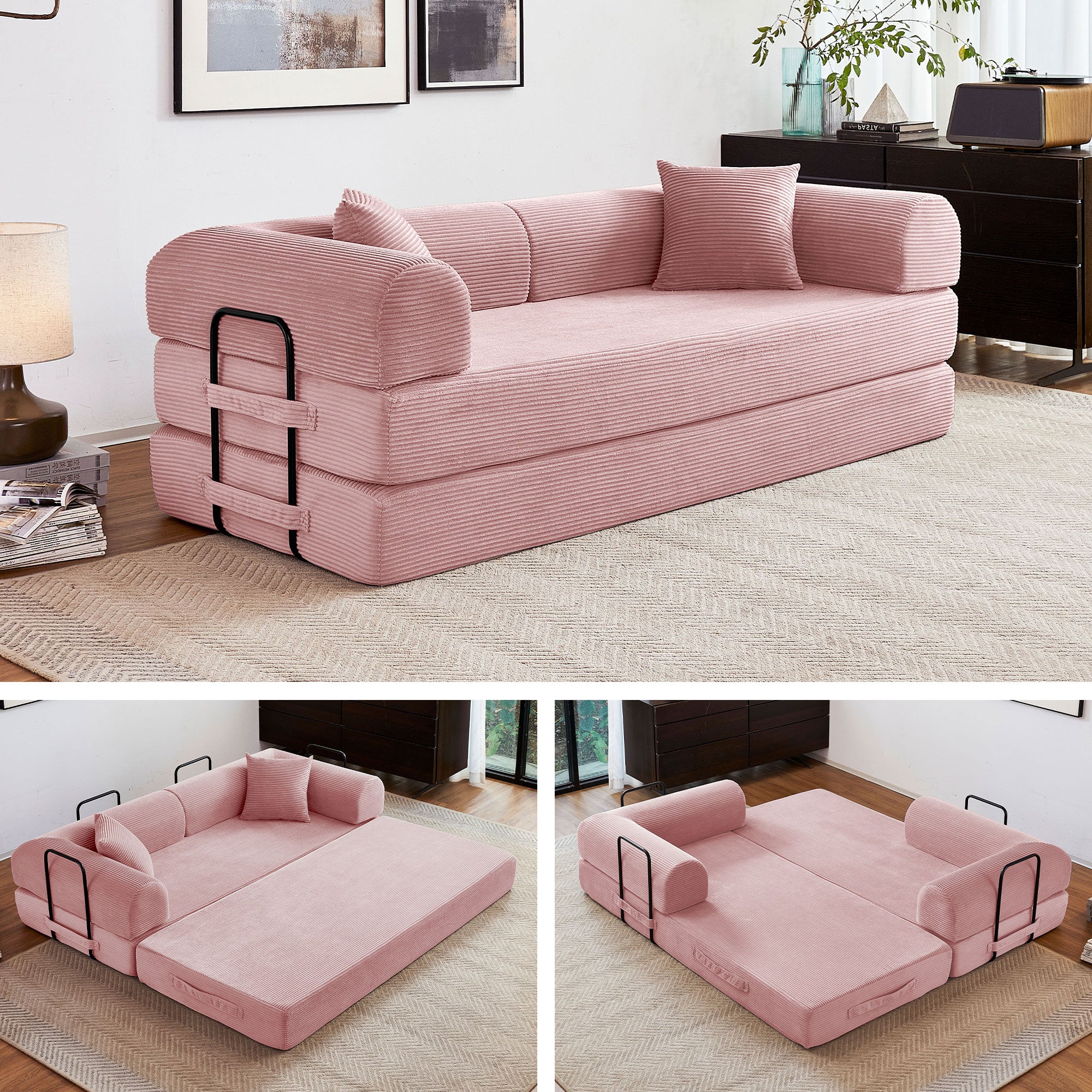 5-in-1 Folding Convertible Sofa Bed, 79" Corduroy Floor Couch Futon, Pull-Out Sleeper Loveseat, Modular Boneless Sofa for Living Room & Bedroom, Pink