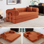 5-in-1 Folding Convertible Sofa Bed, 79" Corduroy Floor Couch Futon, Pull-Out Sleeper Loveseat, Modular Boneless Sofa for Living Room & Bedroom, Orange