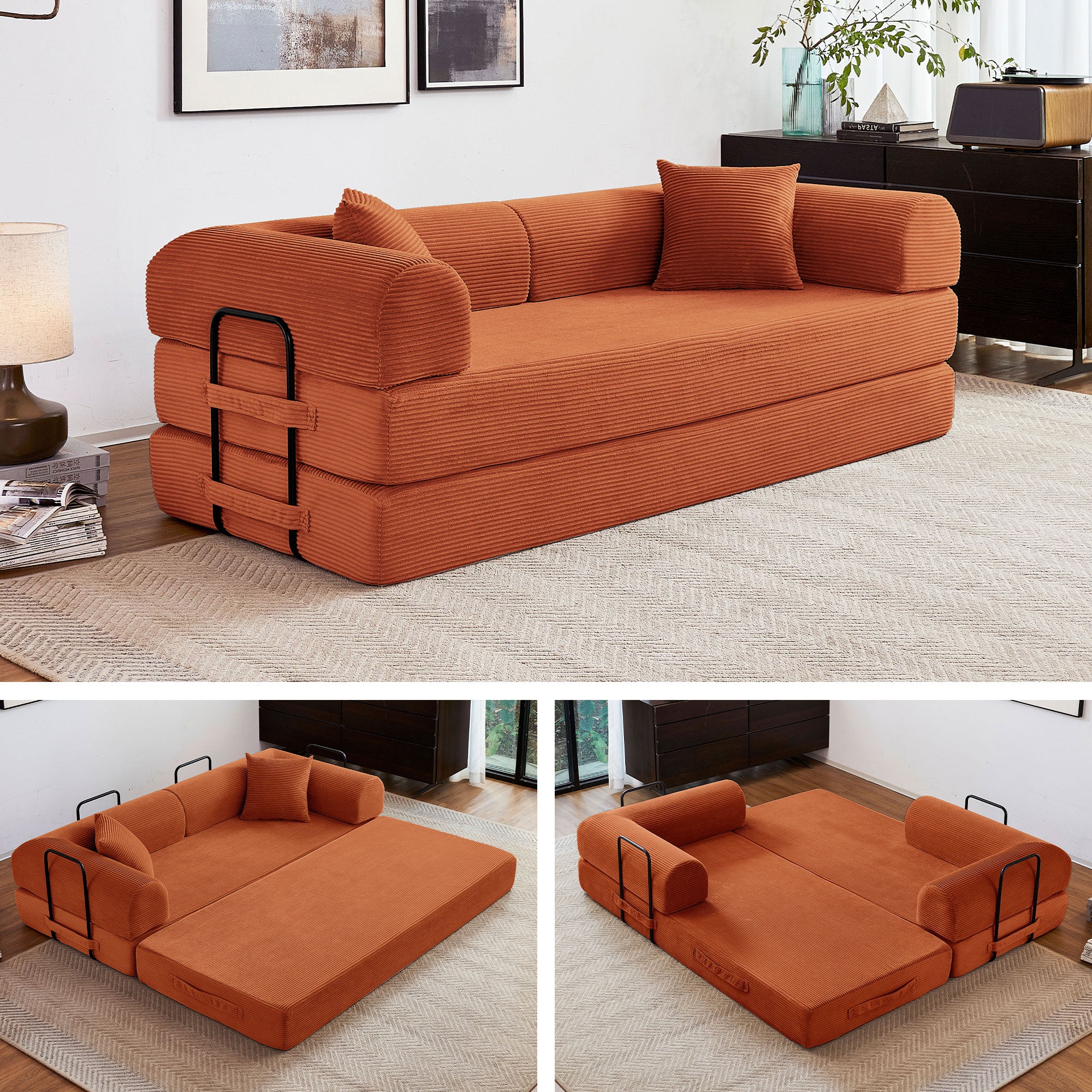 5-in-1 Folding Convertible Sofa Bed, 79" Corduroy Floor Couch Futon, Pull-Out Sleeper Loveseat, Modular Boneless Sofa for Living Room & Bedroom, Orange
