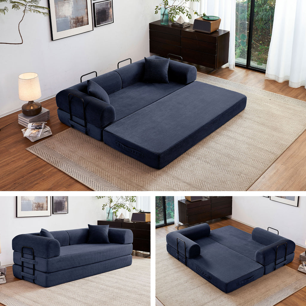 5-in-1 Folding Convertible Sofa Bed, 79" Corduroy Floor Couch Futon, Pull-Out Sleeper Loveseat, Modular Boneless Sofa for Living Room & Bedroom, Dark Blue