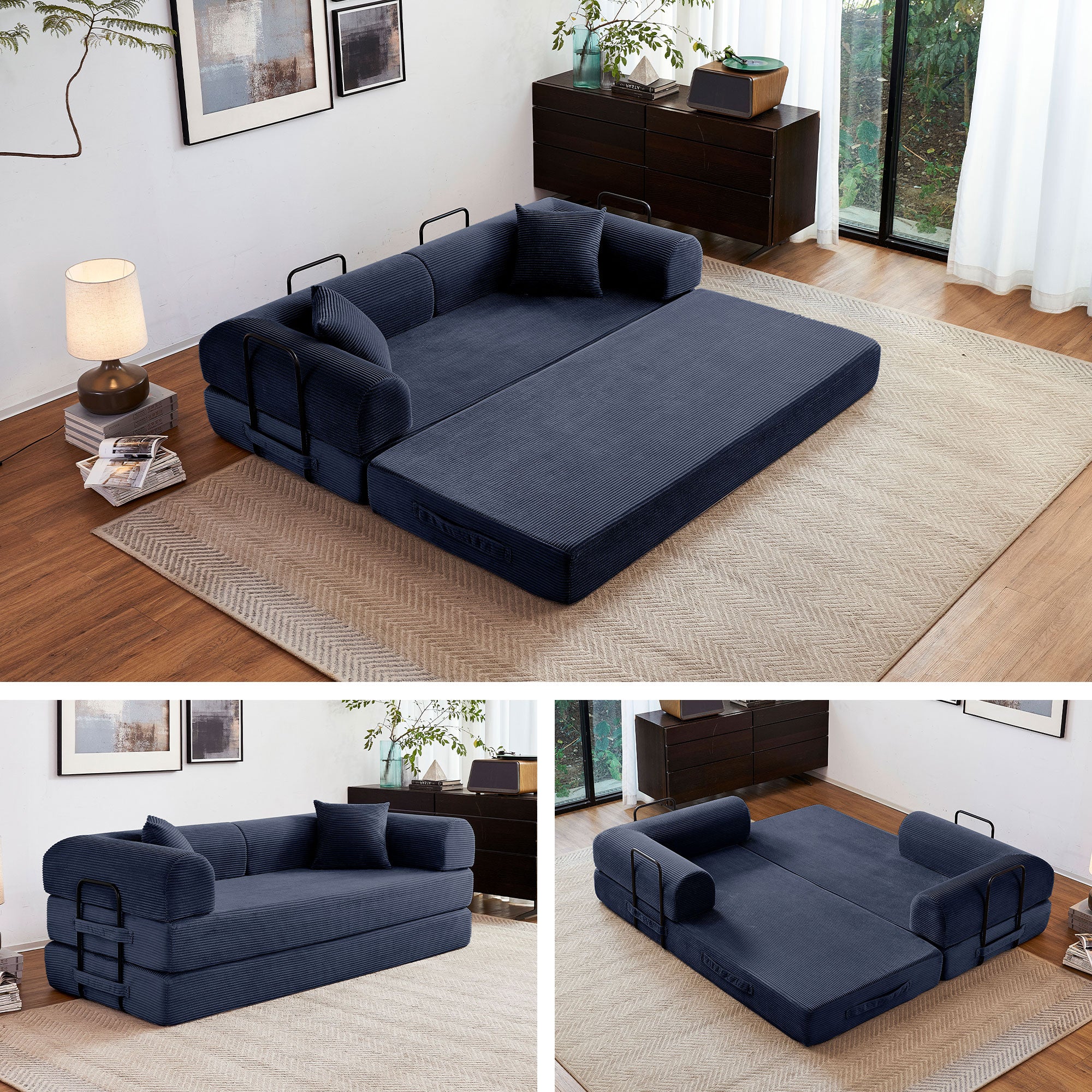 5-in-1 Folding Convertible Sofa Bed, 79" Corduroy Floor Couch Futon, Pull-Out Sleeper Loveseat, Modular Boneless Sofa for Living Room & Bedroom, Dark Blue