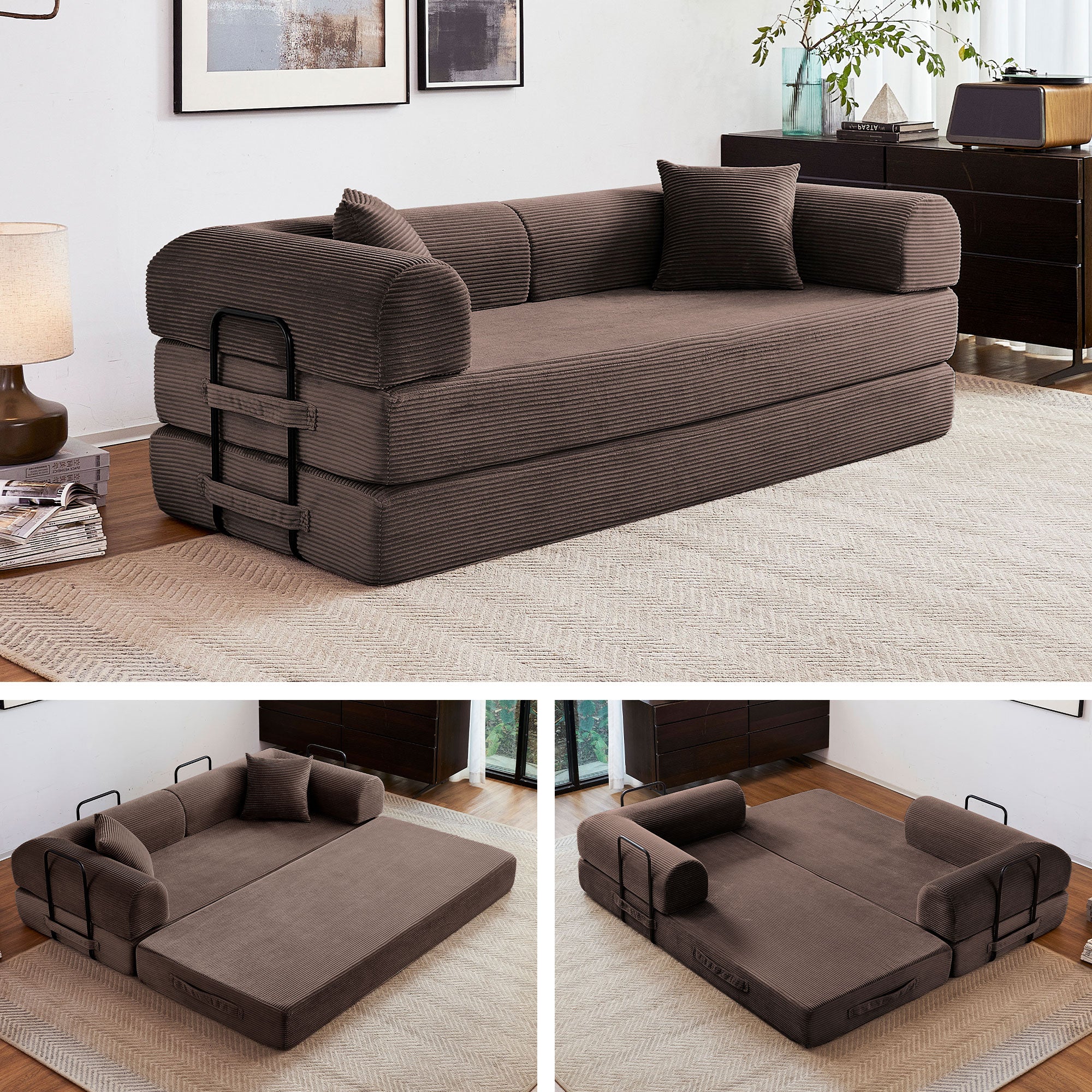 5-in-1 Folding Convertible Sofa Bed, 79" Corduroy Floor Couch Futon, Pull-Out Sleeper Loveseat, Modular Boneless Sofa for Living Room & Bedroom, Brown