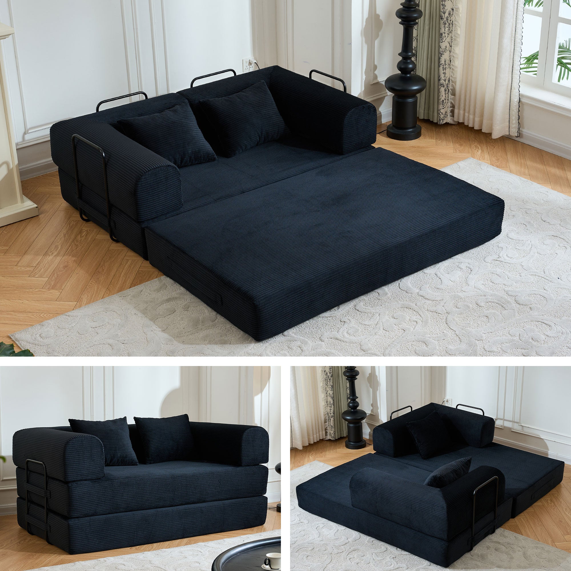 59" 5-in-1 Convertible Corduroy Sofa Bed, No-Assembly Boneless Loveseat Pull-Out Sleeper for Small Spaces(Black)