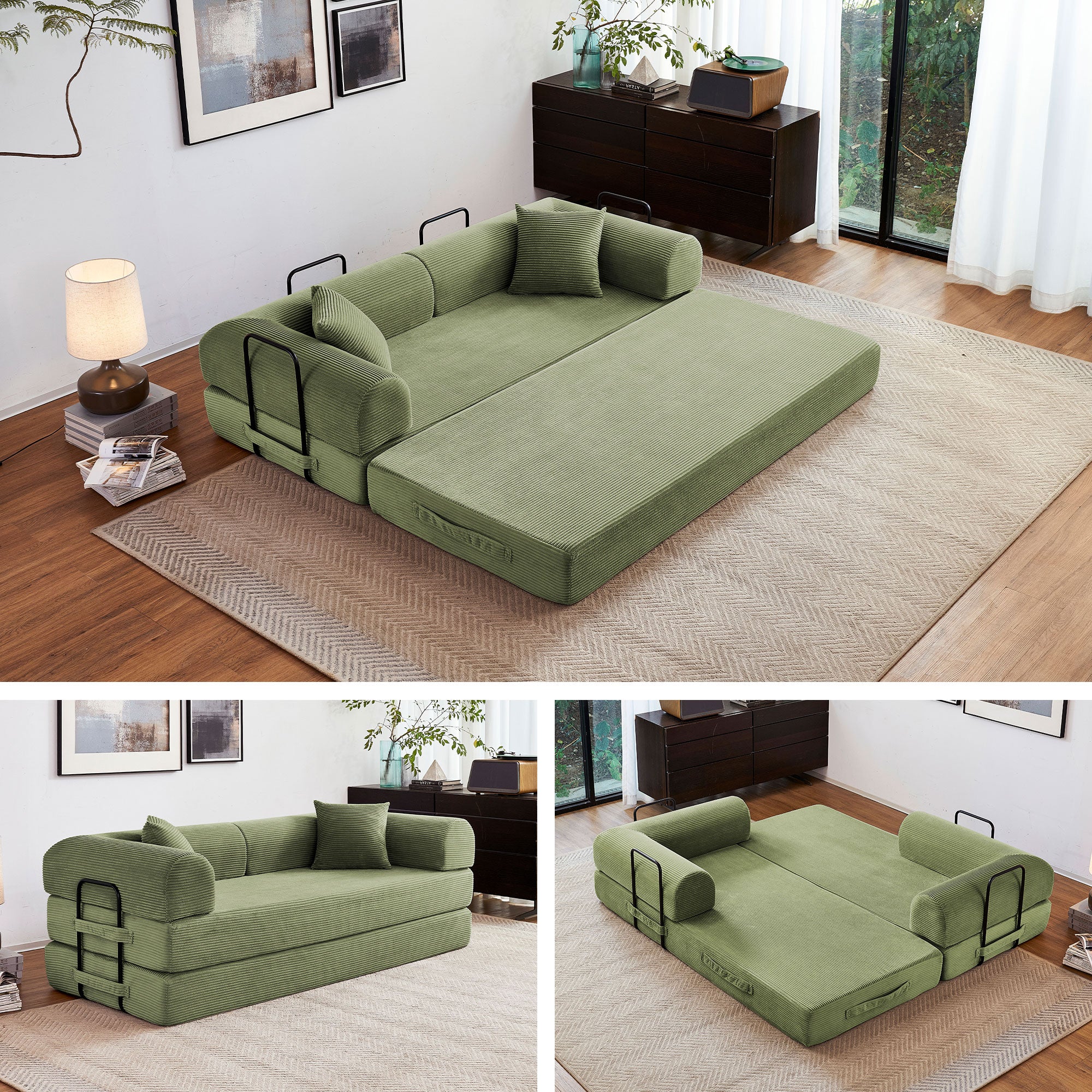 5-in-1 Folding Convertible Sofa Bed, 79" Corduroy Floor Couch Futon, Pull-Out Sleeper Loveseat, Modular Boneless Sofa for Living Room & Bedroom, Green