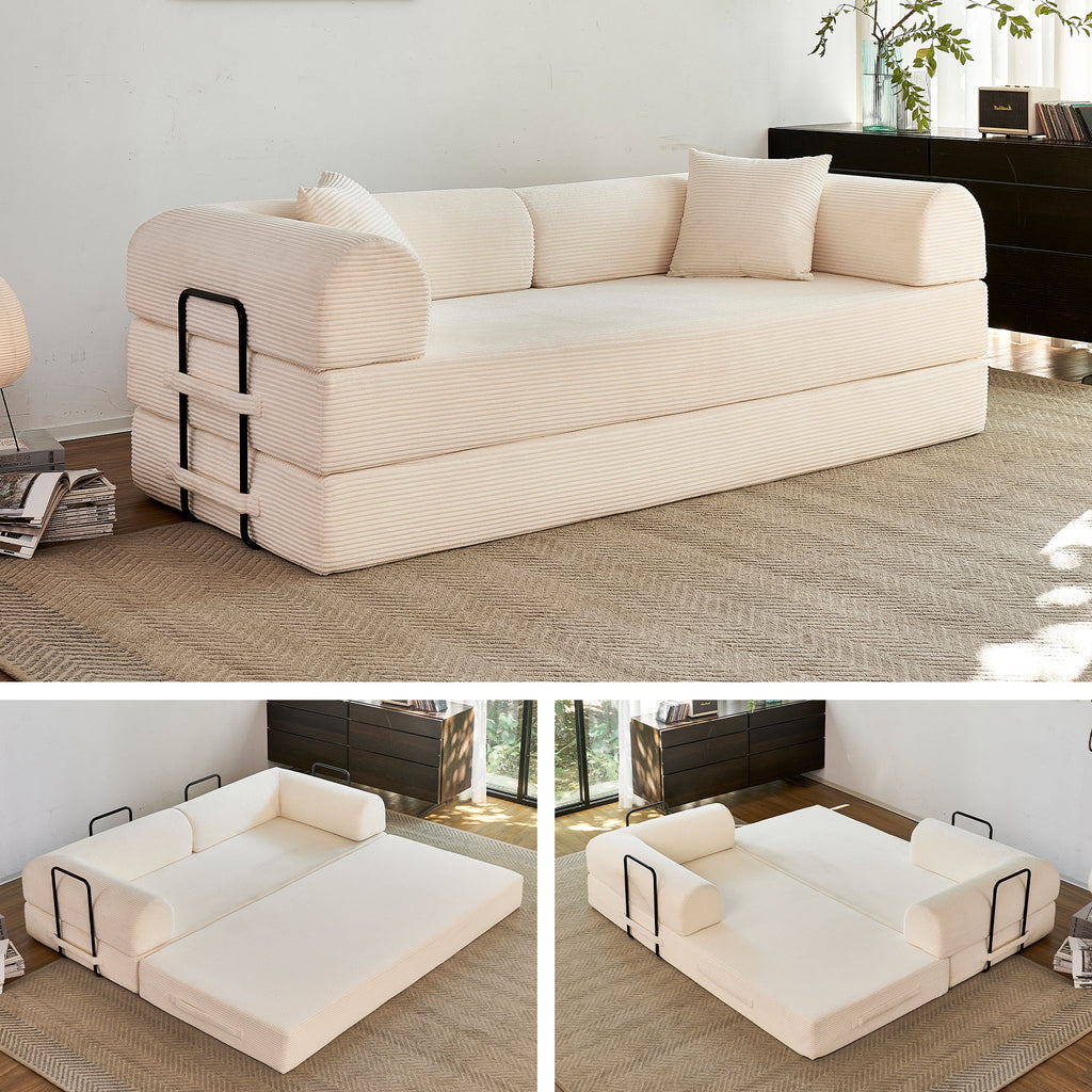 5-in-1 Folding Convertible Sofa Bed, 79" Corduroy Floor Couch Futon, Pull-Out Sleeper Loveseat, Modular Boneless Sofa for Living Room & Bedroom, White