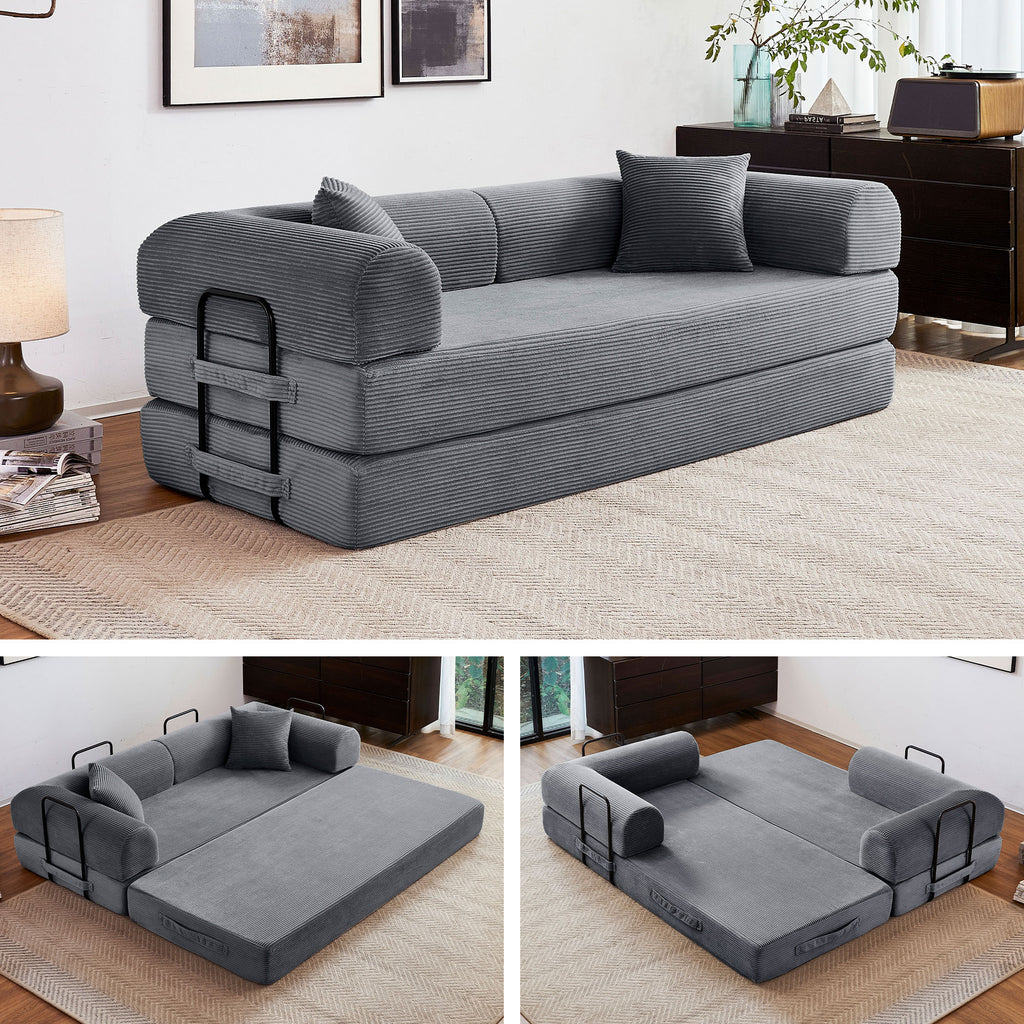 5-in-1 Folding Convertible Sofa Bed, 79" Corduroy Floor Couch Futon, Pull-Out Sleeper Loveseat, Modular Boneless Sofa for Living Room & Bedroom, Grey