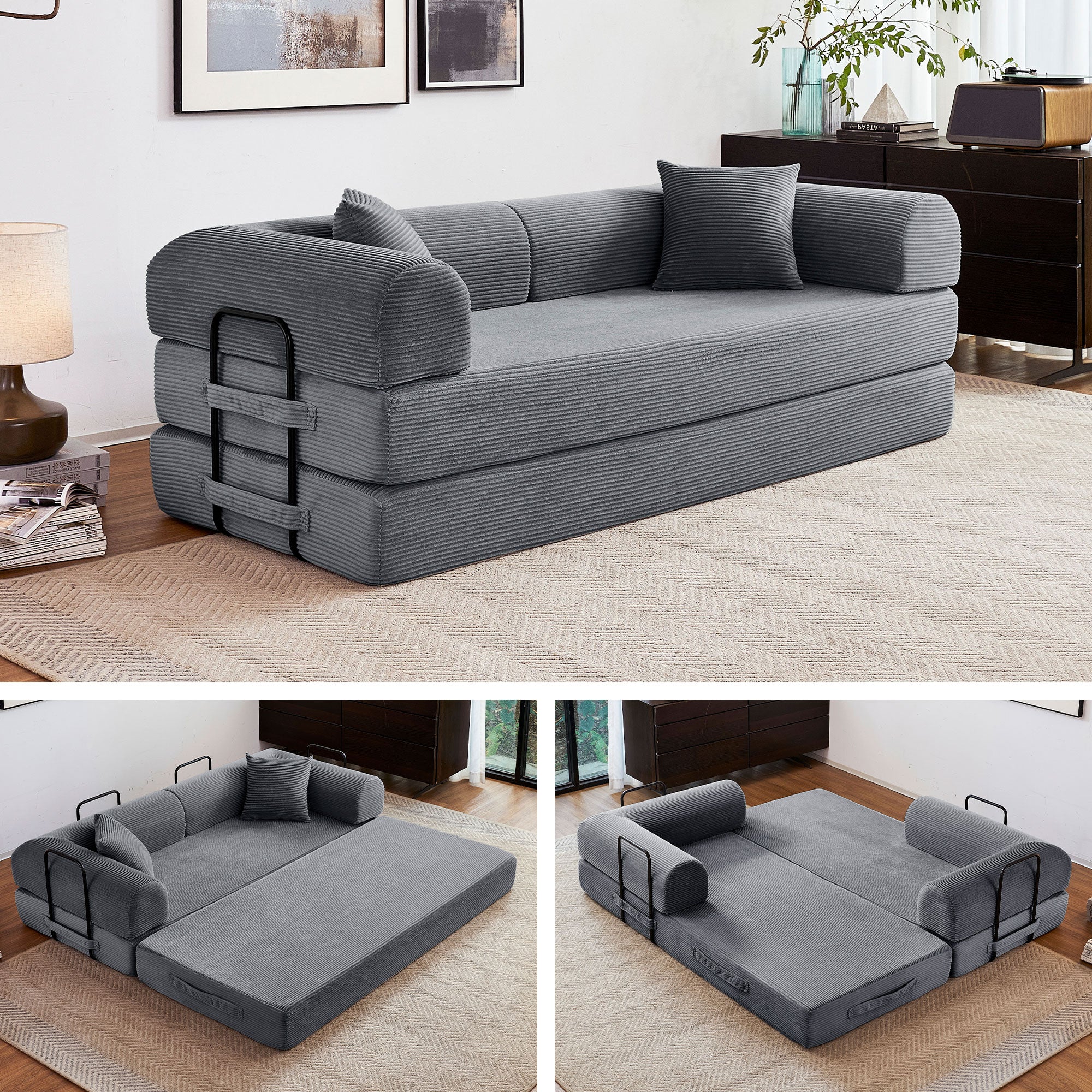 5-in-1 Folding Convertible Sofa Bed, 79" Corduroy Floor Couch Futon, Pull-Out Sleeper Loveseat, Modular Boneless Sofa for Living Room & Bedroom, Grey