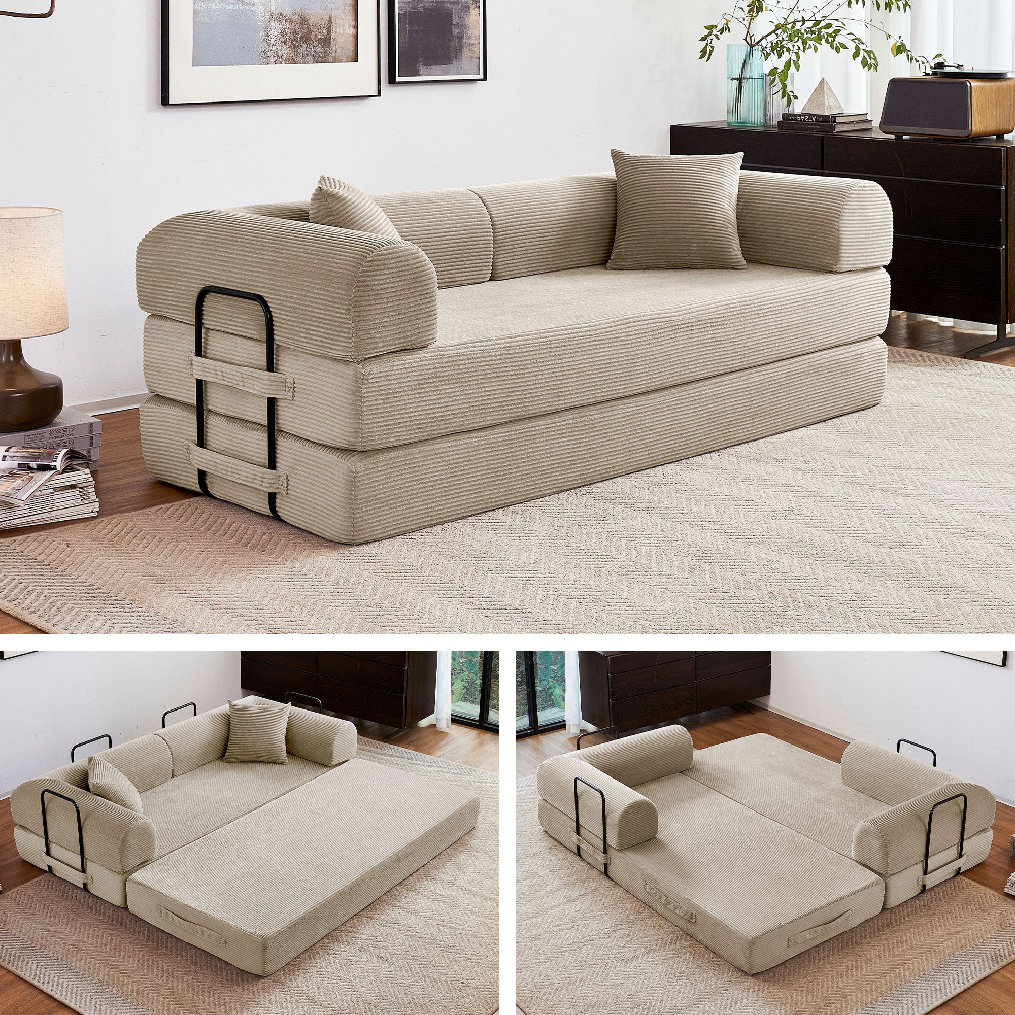5-in-1 Folding Convertible Sofa Bed, 79" Corduroy Floor Couch Futon, Pull-Out Sleeper Loveseat, Modular Boneless Sofa for Living Room & Bedroom, Beige
