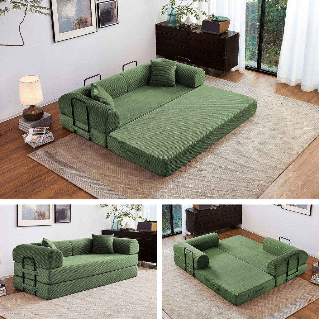 5-in-1 Folding Convertible Sofa Bed, 79" Corduroy Floor Couch Futon, Pull-Out Sleeper Loveseat, Modular Boneless Sofa for Living Room & Bedroom, Dark Green