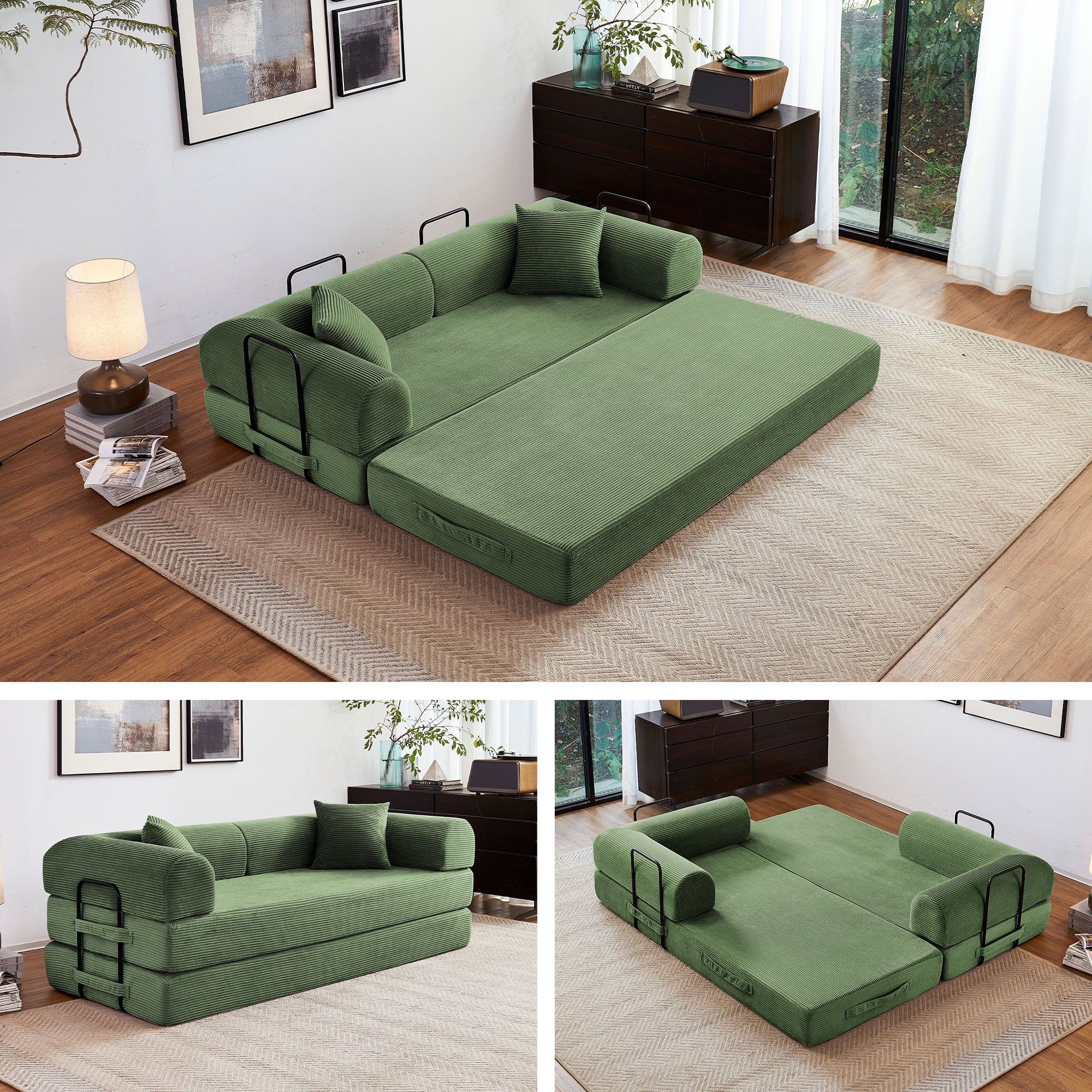 5-in-1 Folding Convertible Sofa Bed, 79" Corduroy Floor Couch Futon, Pull-Out Sleeper Loveseat, Modular Boneless Sofa for Living Room & Bedroom, Dark Green