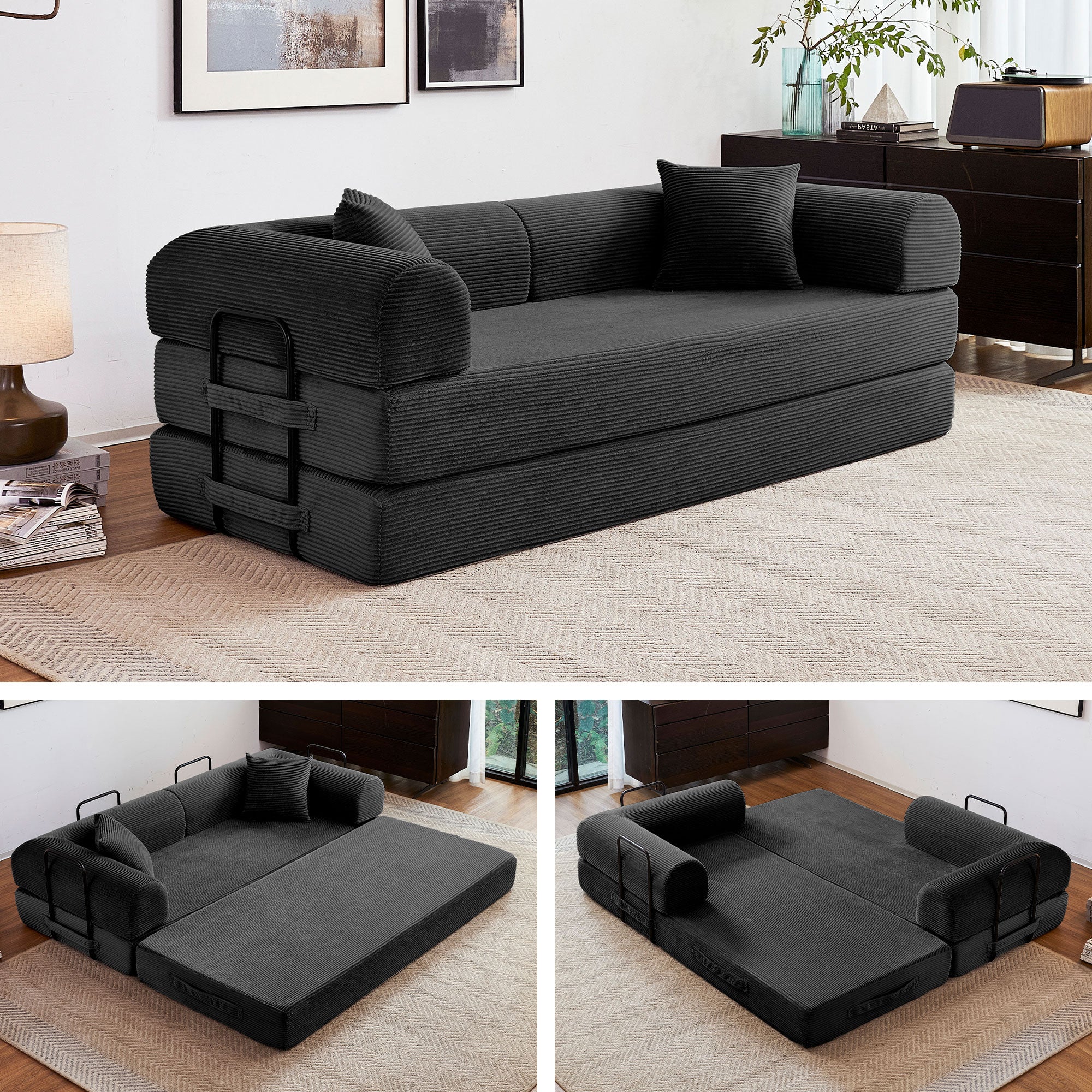 5-in-1 Folding Convertible Sofa Bed, 79" Corduroy Floor Couch Futon, Pull-Out Sleeper Loveseat, Modular Boneless Sofa for Living Room & Bedroom, Black