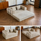 59" 5-in-1 Convertible Corduroy Sofa Bed, No-Assembly Boneless Loveseat Pull-Out Sleeper for Small Spaces(Beige)