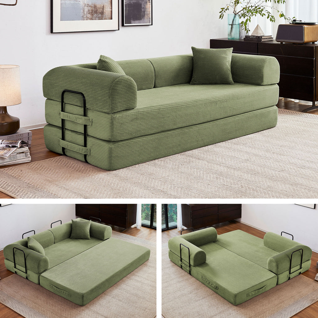 5-in-1 Folding Convertible Sofa Bed, 79" Corduroy Floor Couch Futon, Pull-Out Sleeper Loveseat, Modular Boneless Sofa for Living Room & Bedroom, Green
