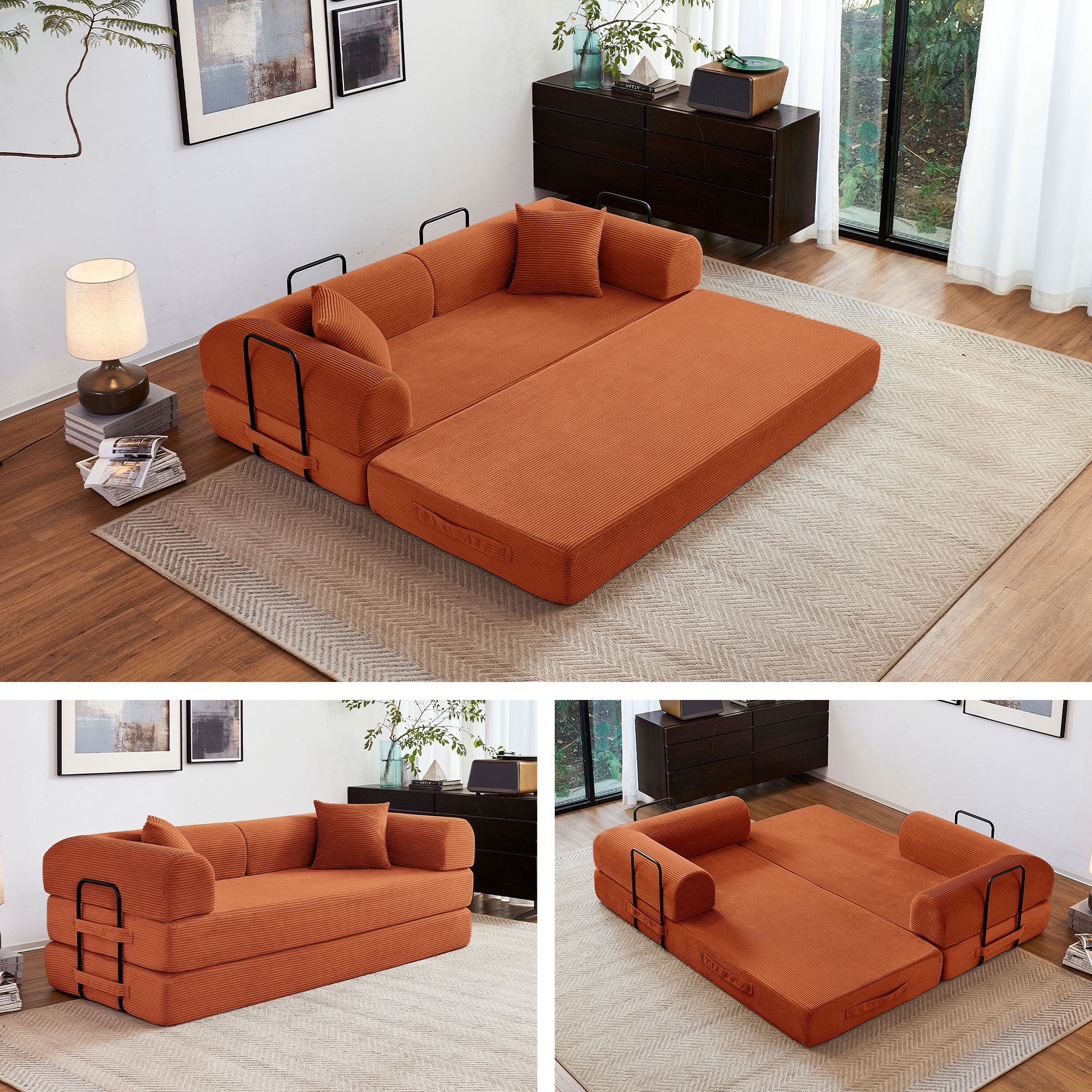 5-in-1 Folding Convertible Sofa Bed, 79" Corduroy Floor Couch Futon, Pull-Out Sleeper Loveseat, Modular Boneless Sofa for Living Room & Bedroom, Orange