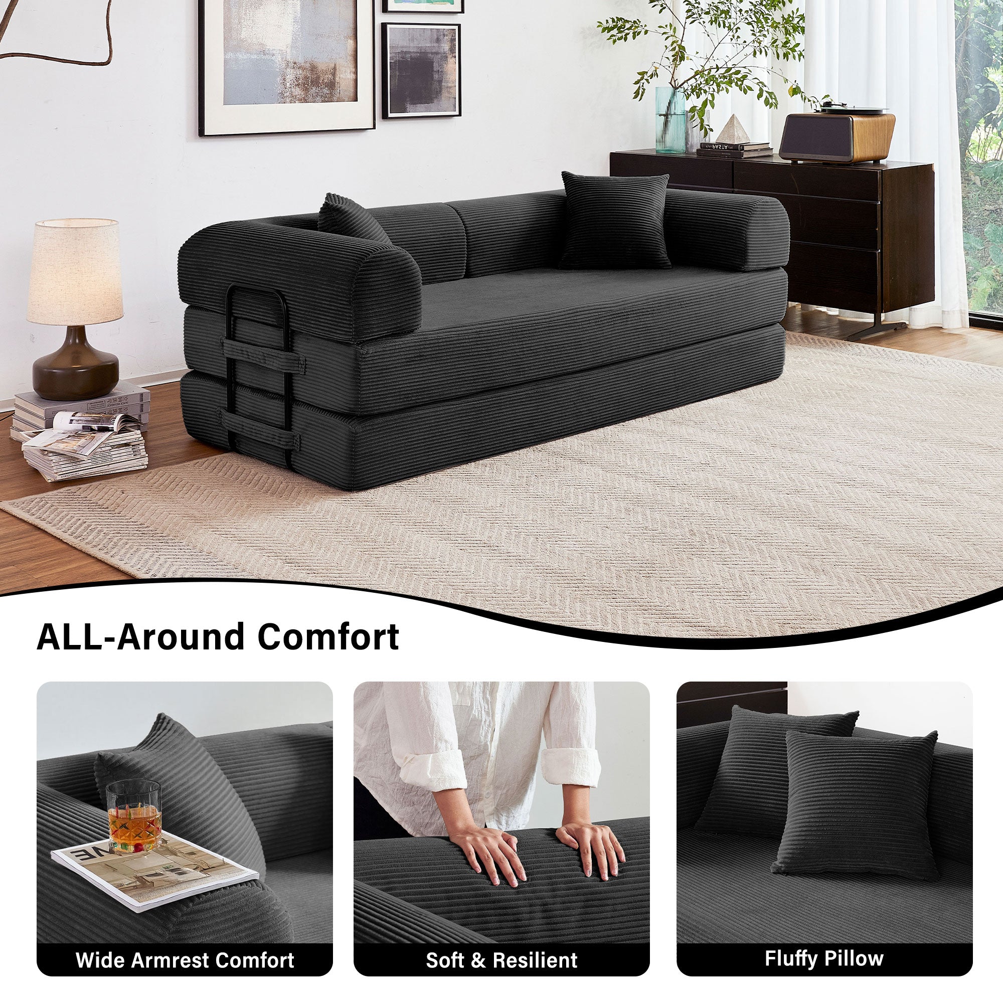 5-in-1 Folding Convertible Sofa Bed, 79" Corduroy Floor Couch Futon, Pull-Out Sleeper Loveseat, Modular Boneless Sofa for Living Room & Bedroom, Black