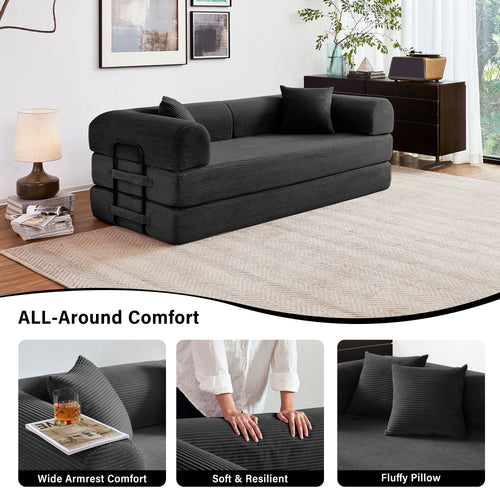 5-in-1 Folding Convertible Sofa Bed, 79" Corduroy Floor Couch Futon, Pull-Out Sleeper Loveseat, Modular Boneless Sofa for Living Room & Bedroom, Black