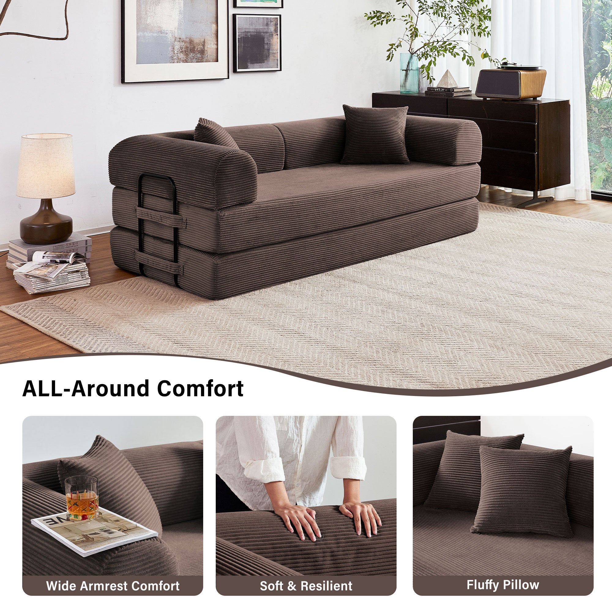5-in-1 Folding Convertible Sofa Bed, 79" Corduroy Floor Couch Futon, Pull-Out Sleeper Loveseat, Modular Boneless Sofa for Living Room & Bedroom, Brown