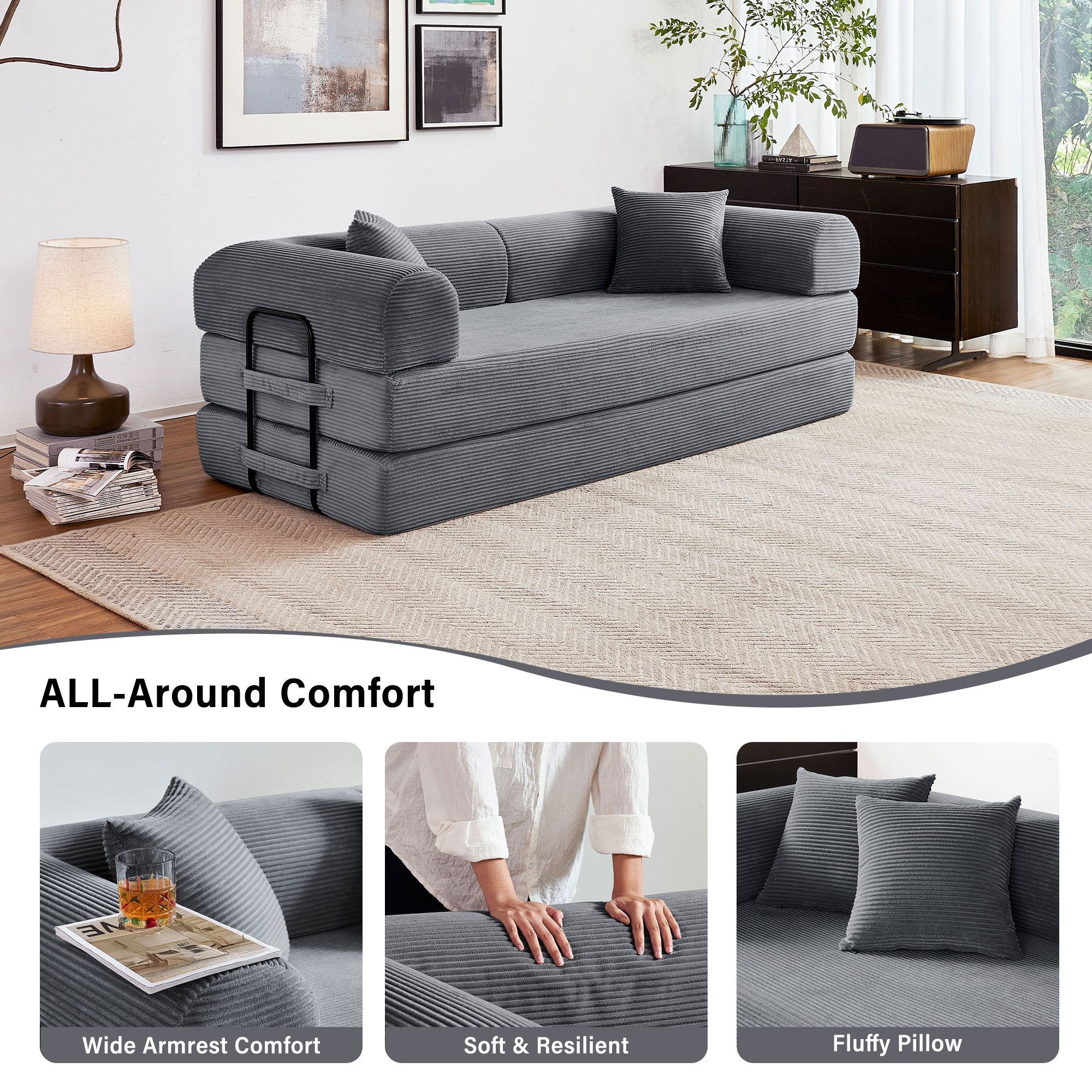 5-in-1 Folding Convertible Sofa Bed, 79" Corduroy Floor Couch Futon, Pull-Out Sleeper Loveseat, Modular Boneless Sofa for Living Room & Bedroom, Grey