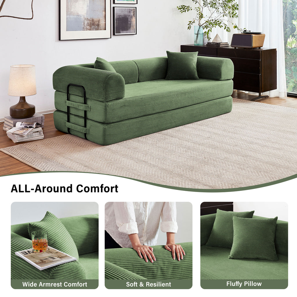 5-in-1 Folding Convertible Sofa Bed, 79" Corduroy Floor Couch Futon, Pull-Out Sleeper Loveseat, Modular Boneless Sofa for Living Room & Bedroom, Dark Green