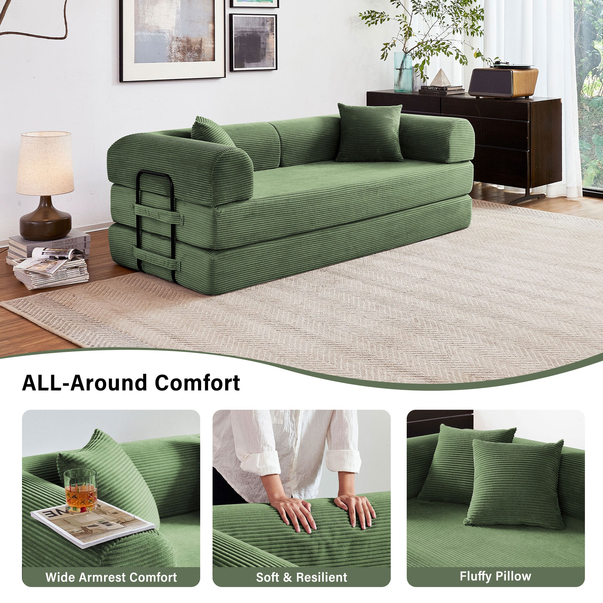 5-in-1 Folding Convertible Sofa Bed, 79" Corduroy Floor Couch Futon, Pull-Out Sleeper Loveseat, Modular Boneless Sofa for Living Room & Bedroom, Dark Green
