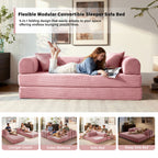 5-in-1 Folding Convertible Sofa Bed, 79" Corduroy Floor Couch Futon, Pull-Out Sleeper Loveseat, Modular Boneless Sofa for Living Room & Bedroom, Pink