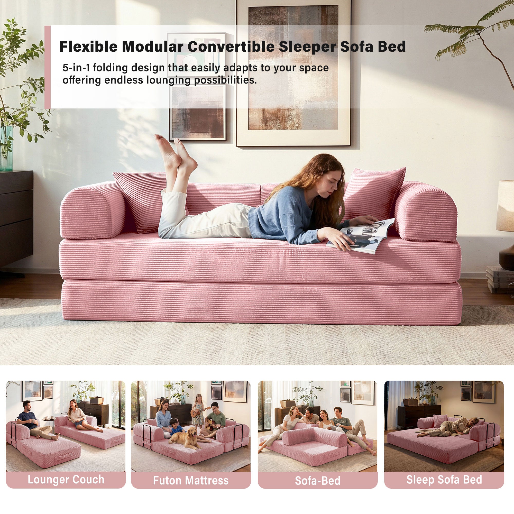 5-in-1 Folding Convertible Sofa Bed, 79" Corduroy Floor Couch Futon, Pull-Out Sleeper Loveseat, Modular Boneless Sofa for Living Room & Bedroom, Pink
