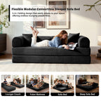 5-in-1 Folding Convertible Sofa Bed, 79" Corduroy Floor Couch Futon, Pull-Out Sleeper Loveseat, Modular Boneless Sofa for Living Room & Bedroom, Black