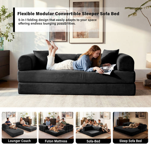 5-in-1 Folding Convertible Sofa Bed, 79" Corduroy Floor Couch Futon, Pull-Out Sleeper Loveseat, Modular Boneless Sofa for Living Room & Bedroom, Black