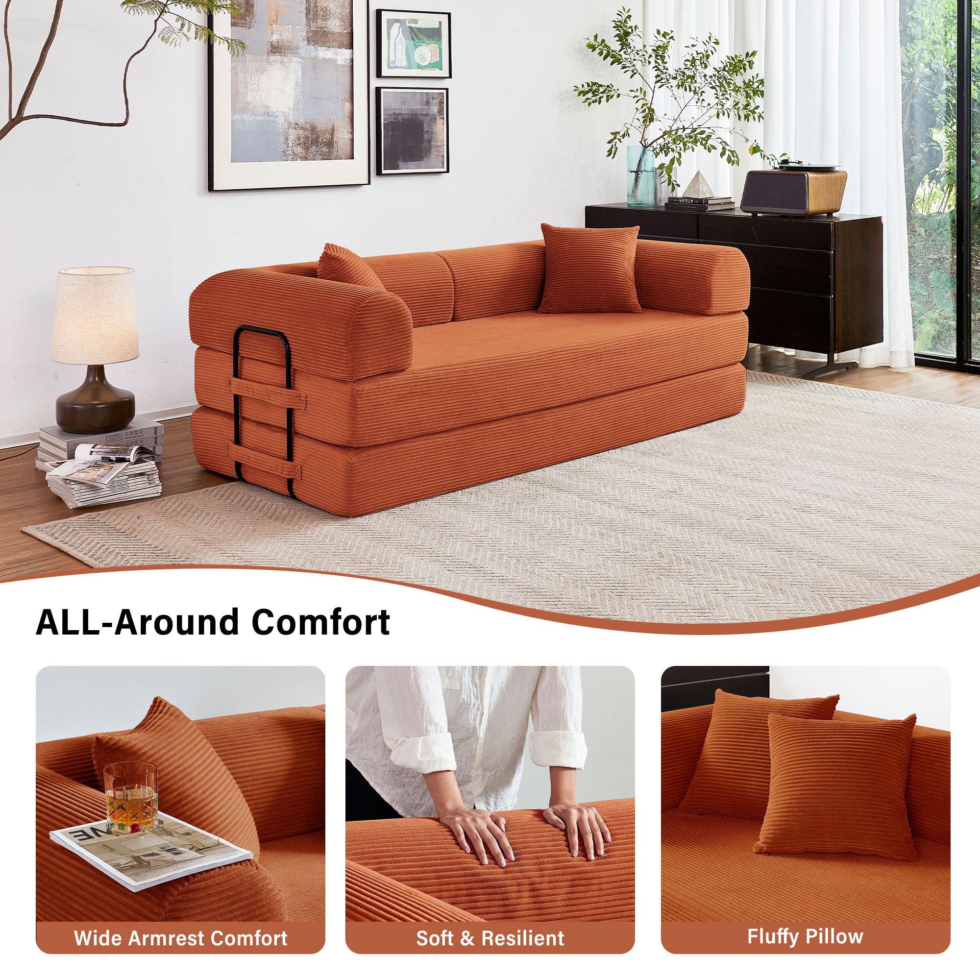 5-in-1 Folding Convertible Sofa Bed, 79" Corduroy Floor Couch Futon, Pull-Out Sleeper Loveseat, Modular Boneless Sofa for Living Room & Bedroom, Orange