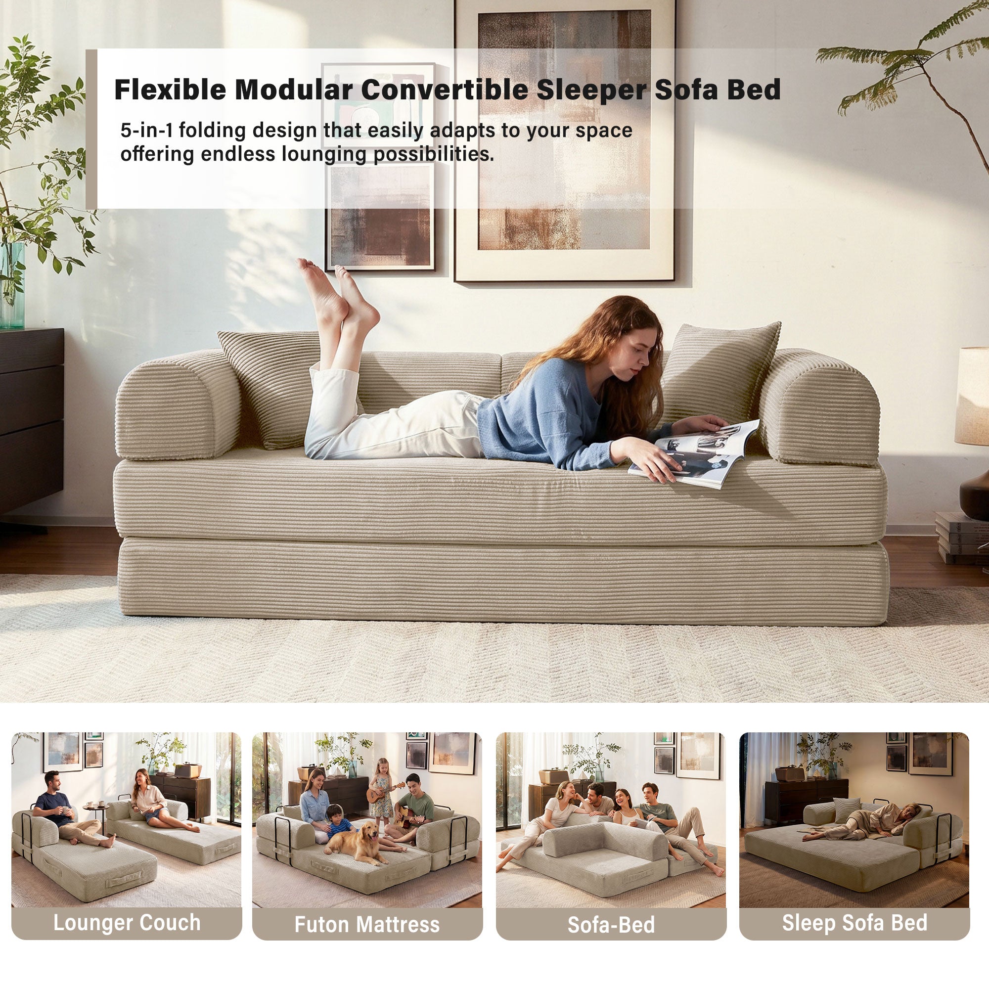 5-in-1 Folding Convertible Sofa Bed, 79" Corduroy Floor Couch Futon, Pull-Out Sleeper Loveseat, Modular Boneless Sofa for Living Room & Bedroom, Beige