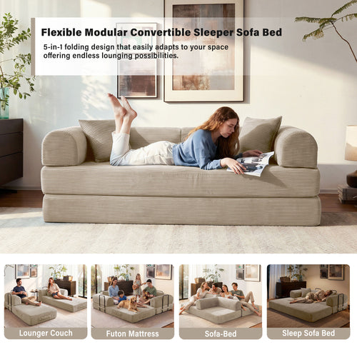5-in-1 Folding Convertible Sofa Bed, 79" Corduroy Floor Couch Futon, Pull-Out Sleeper Loveseat, Modular Boneless Sofa for Living Room & Bedroom, Beige