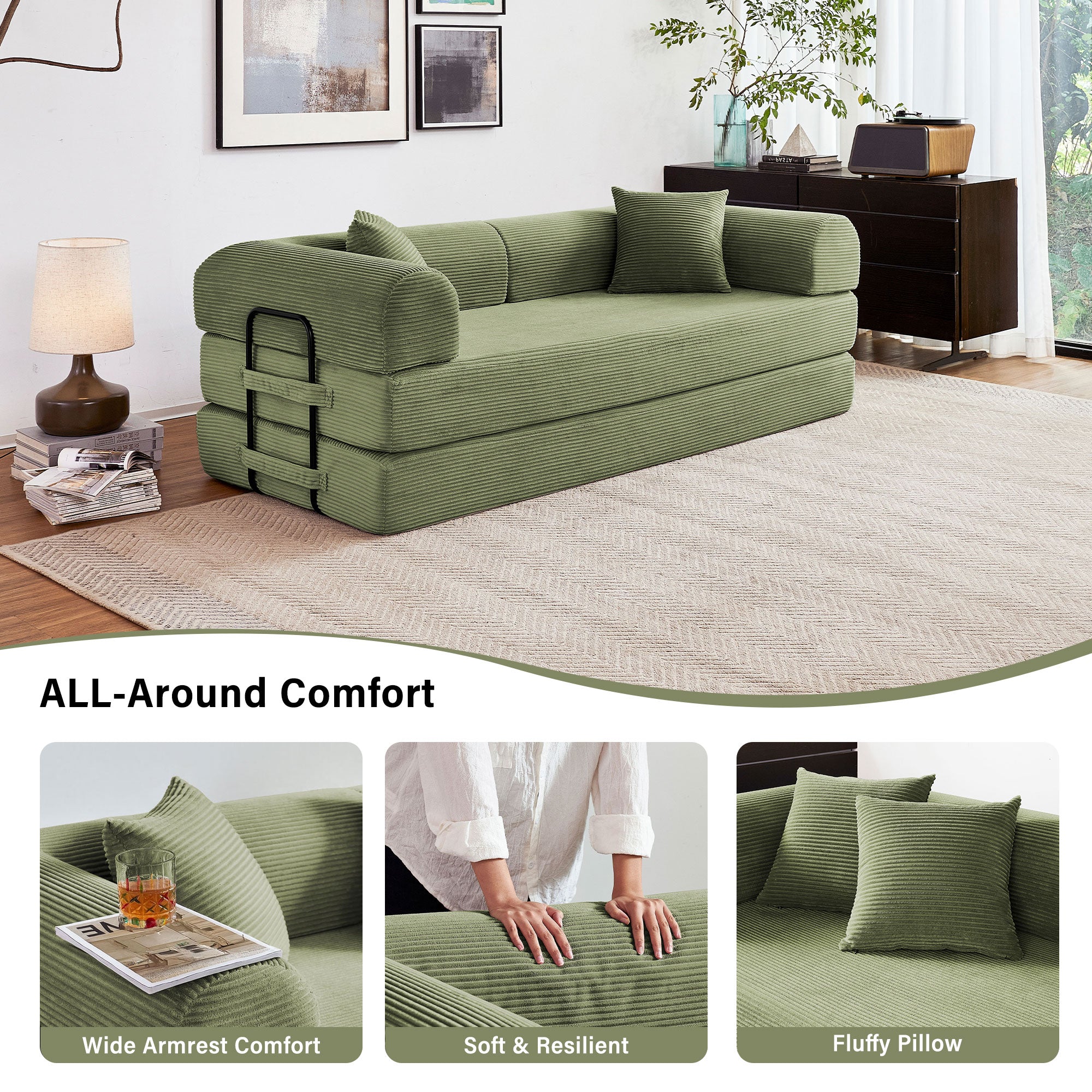 5-in-1 Folding Convertible Sofa Bed, 79" Corduroy Floor Couch Futon, Pull-Out Sleeper Loveseat, Modular Boneless Sofa for Living Room & Bedroom, Green