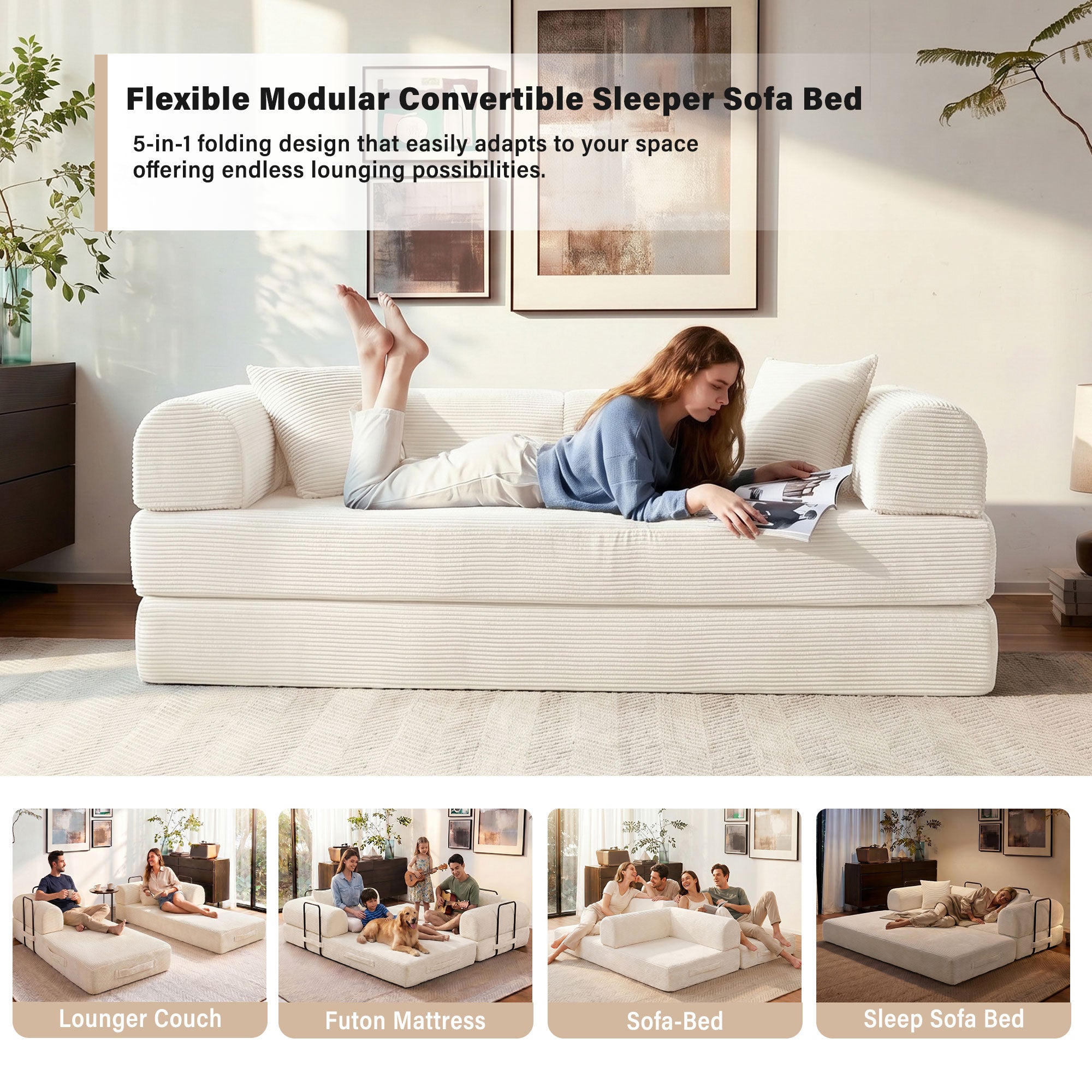 5-in-1 Folding Convertible Sofa Bed, 79" Corduroy Floor Couch Futon, Pull-Out Sleeper Loveseat, Modular Boneless Sofa for Living Room & Bedroom, White