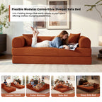 5-in-1 Folding Convertible Sofa Bed, 79" Corduroy Floor Couch Futon, Pull-Out Sleeper Loveseat, Modular Boneless Sofa for Living Room & Bedroom, Orange