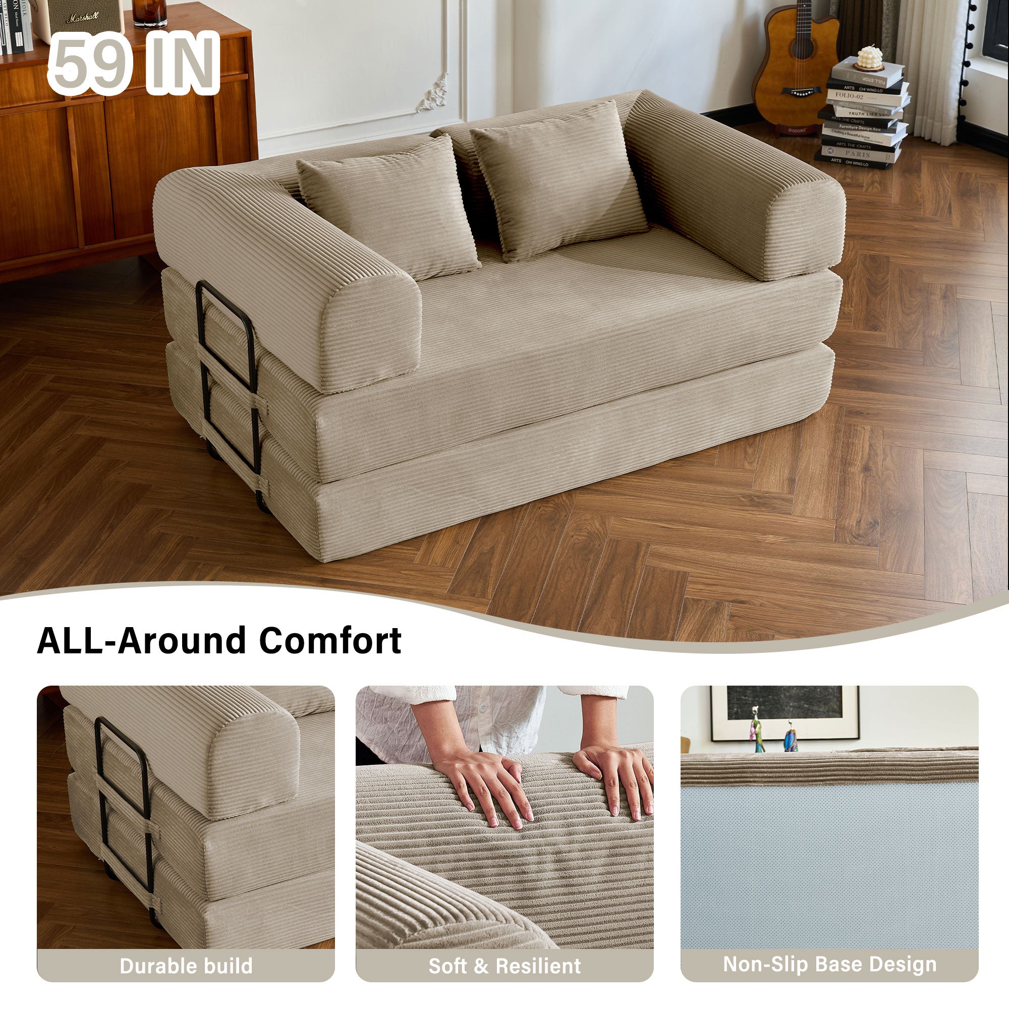 59" 5-in-1 Convertible Corduroy Sofa Bed, No-Assembly Boneless Loveseat Pull-Out Sleeper for Small Spaces(Beige)