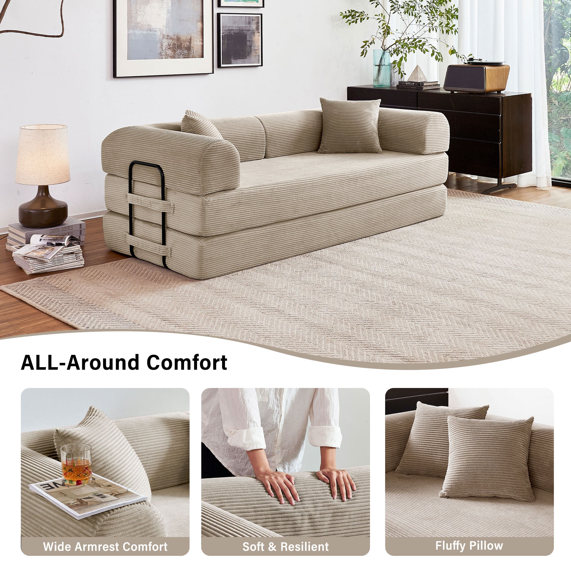 5-in-1 Folding Convertible Sofa Bed, 79" Corduroy Floor Couch Futon, Pull-Out Sleeper Loveseat, Modular Boneless Sofa for Living Room & Bedroom, Beige