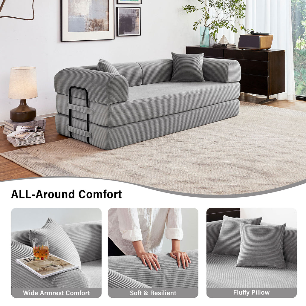 GYHGRH 5-in-1 Folding Convertible Sofa Bed, 79" Corduroy Floor Couch Futon, Pull-Out Sleeper Loveseat for Adult Modular Boneless Sofa for Living Room & Bedroom, Light Grey