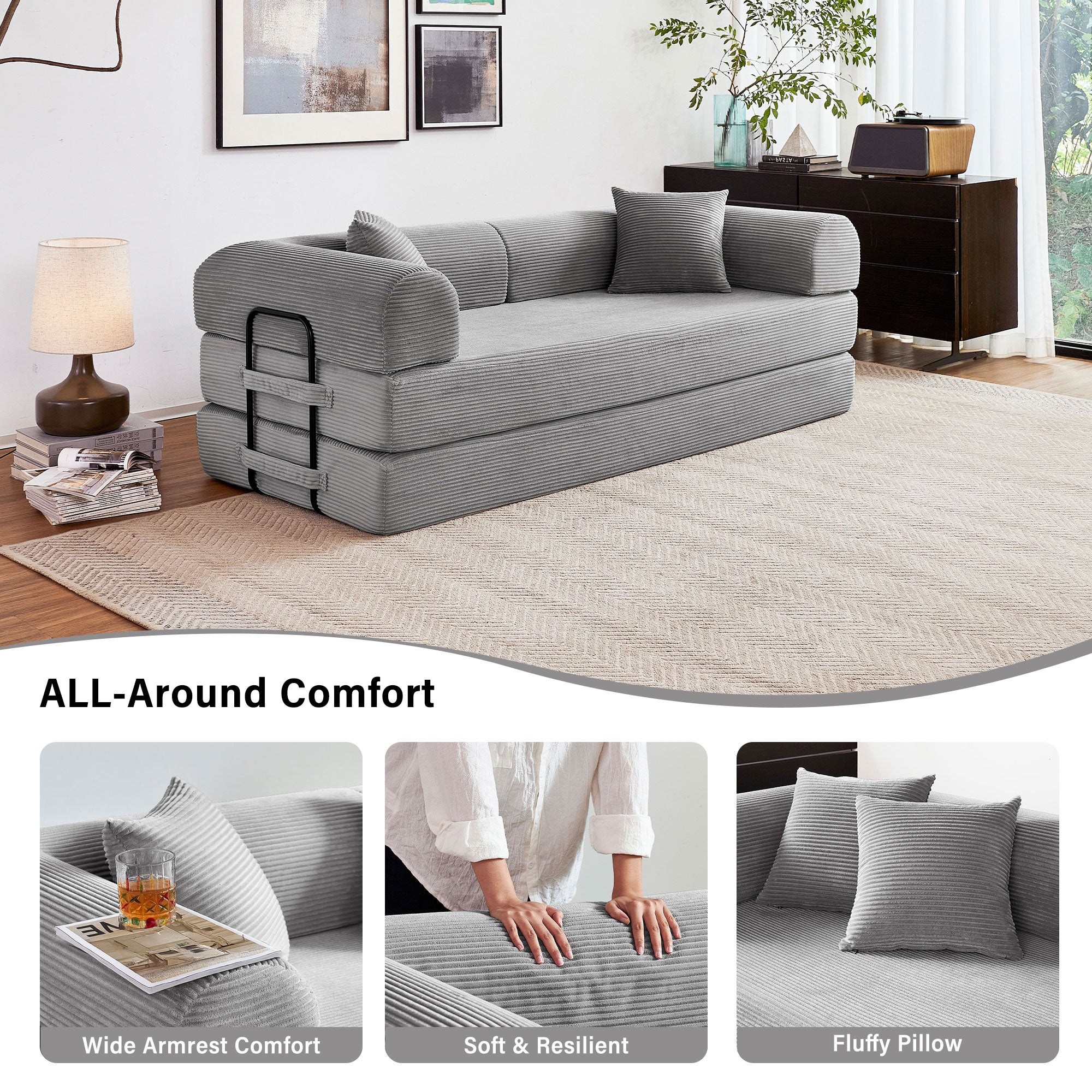 GYHGRH 5-in-1 Folding Convertible Sofa Bed, 79" Corduroy Floor Couch Futon, Pull-Out Sleeper Loveseat for Adult Modular Boneless Sofa for Living Room & Bedroom, Light Grey