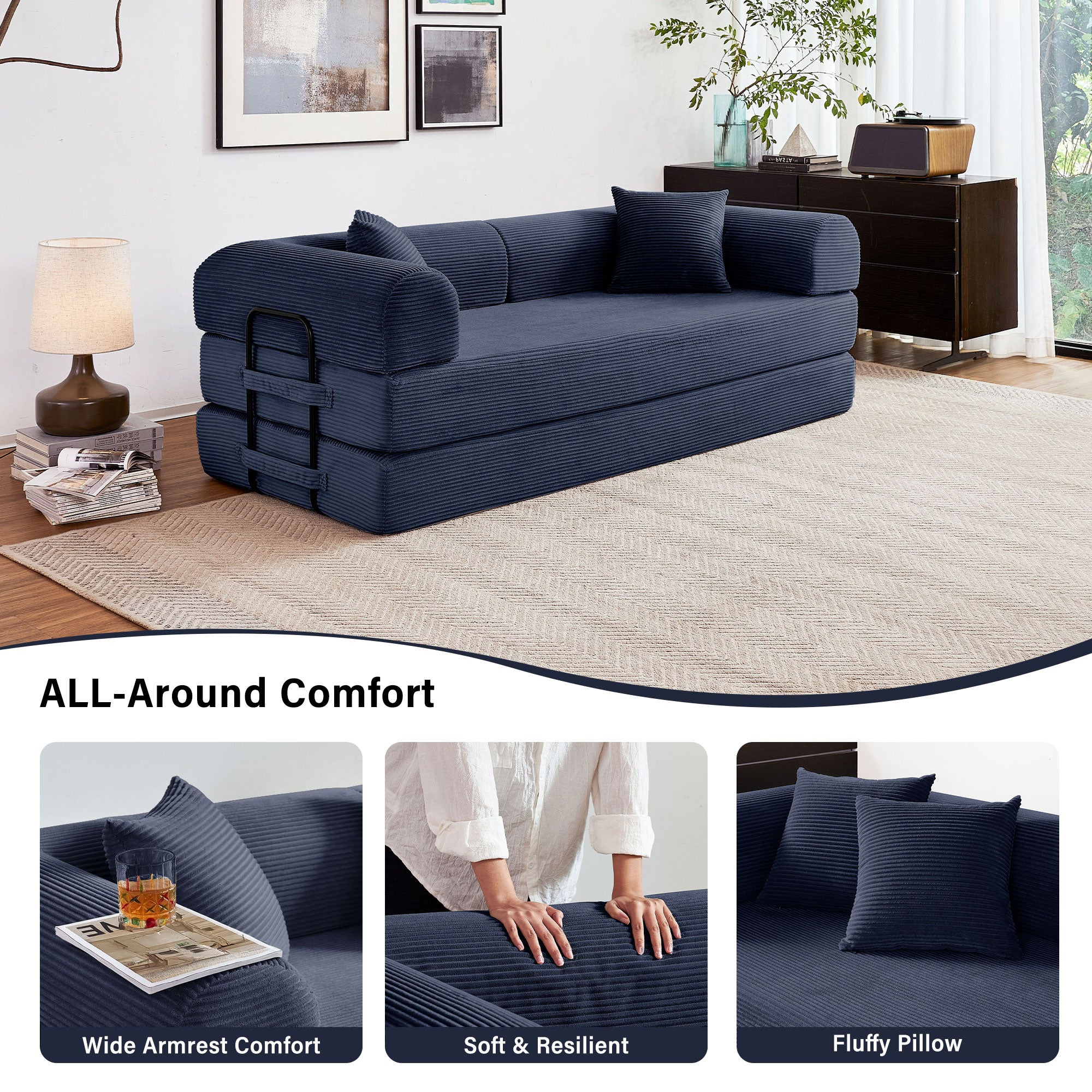 5-in-1 Folding Convertible Sofa Bed, 79" Corduroy Floor Couch Futon, Pull-Out Sleeper Loveseat, Modular Boneless Sofa for Living Room & Bedroom, Dark Blue