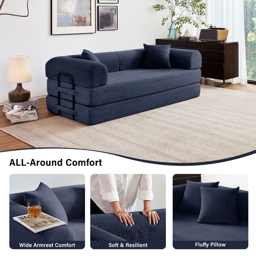 5-in-1 Folding Convertible Sofa Bed, 79" Corduroy Floor Couch Futon, Pull-Out Sleeper Loveseat, Modular Boneless Sofa for Living Room & Bedroom, Dark Blue