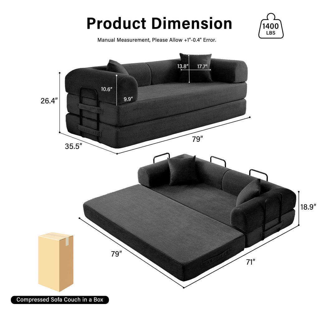 5-in-1 Folding Convertible Sofa Bed, 79" Corduroy Floor Couch Futon, Pull-Out Sleeper Loveseat, Modular Boneless Sofa for Living Room & Bedroom, Black