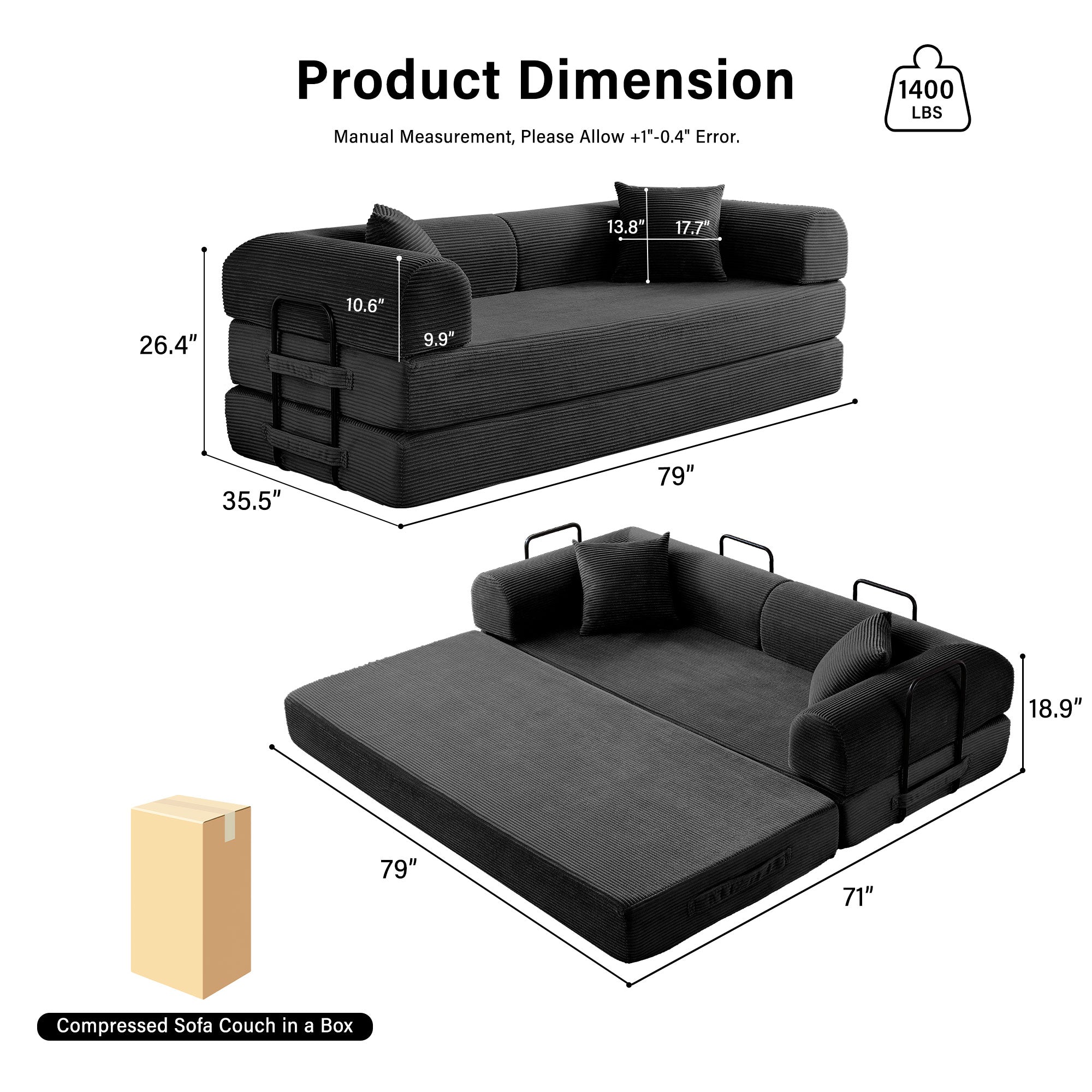 5-in-1 Folding Convertible Sofa Bed, 79" Corduroy Floor Couch Futon, Pull-Out Sleeper Loveseat, Modular Boneless Sofa for Living Room & Bedroom, Black