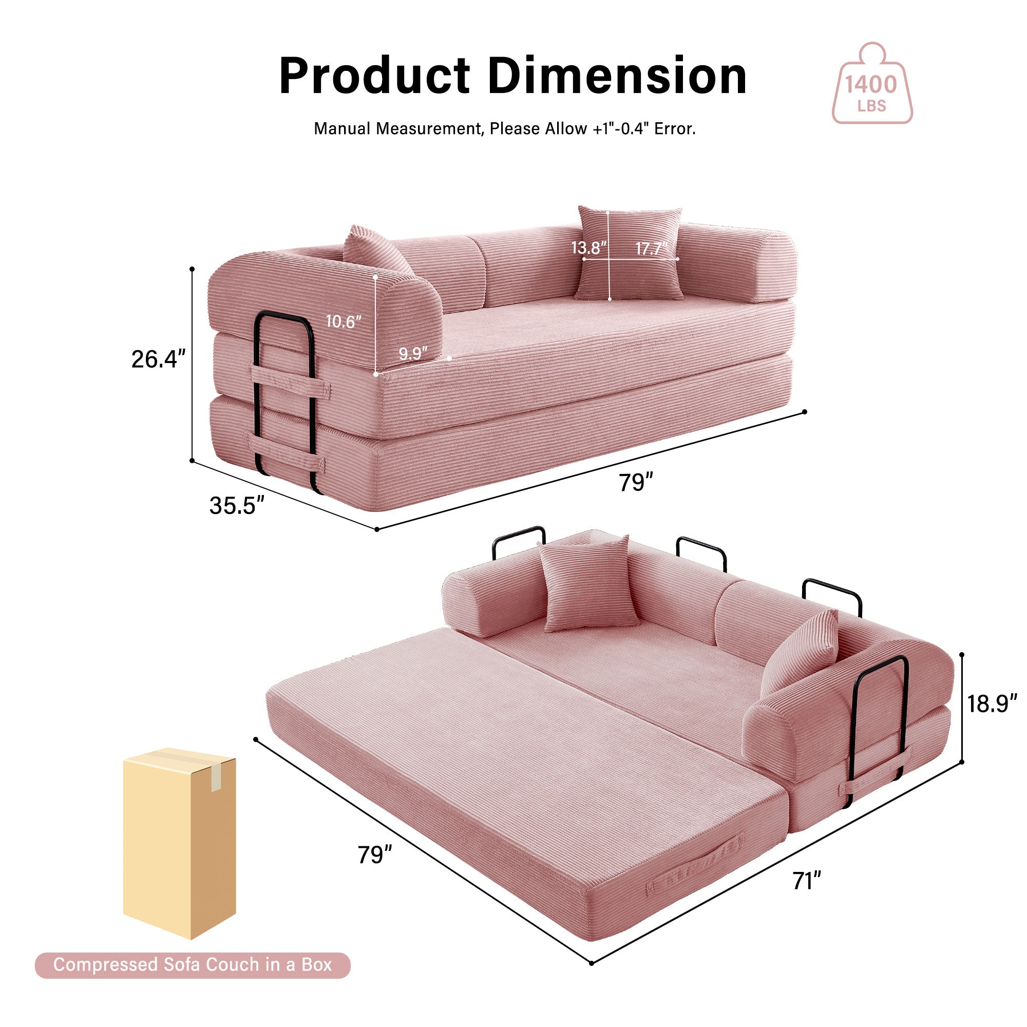 5-in-1 Folding Convertible Sofa Bed, 79" Corduroy Floor Couch Futon, Pull-Out Sleeper Loveseat, Modular Boneless Sofa for Living Room & Bedroom, Pink