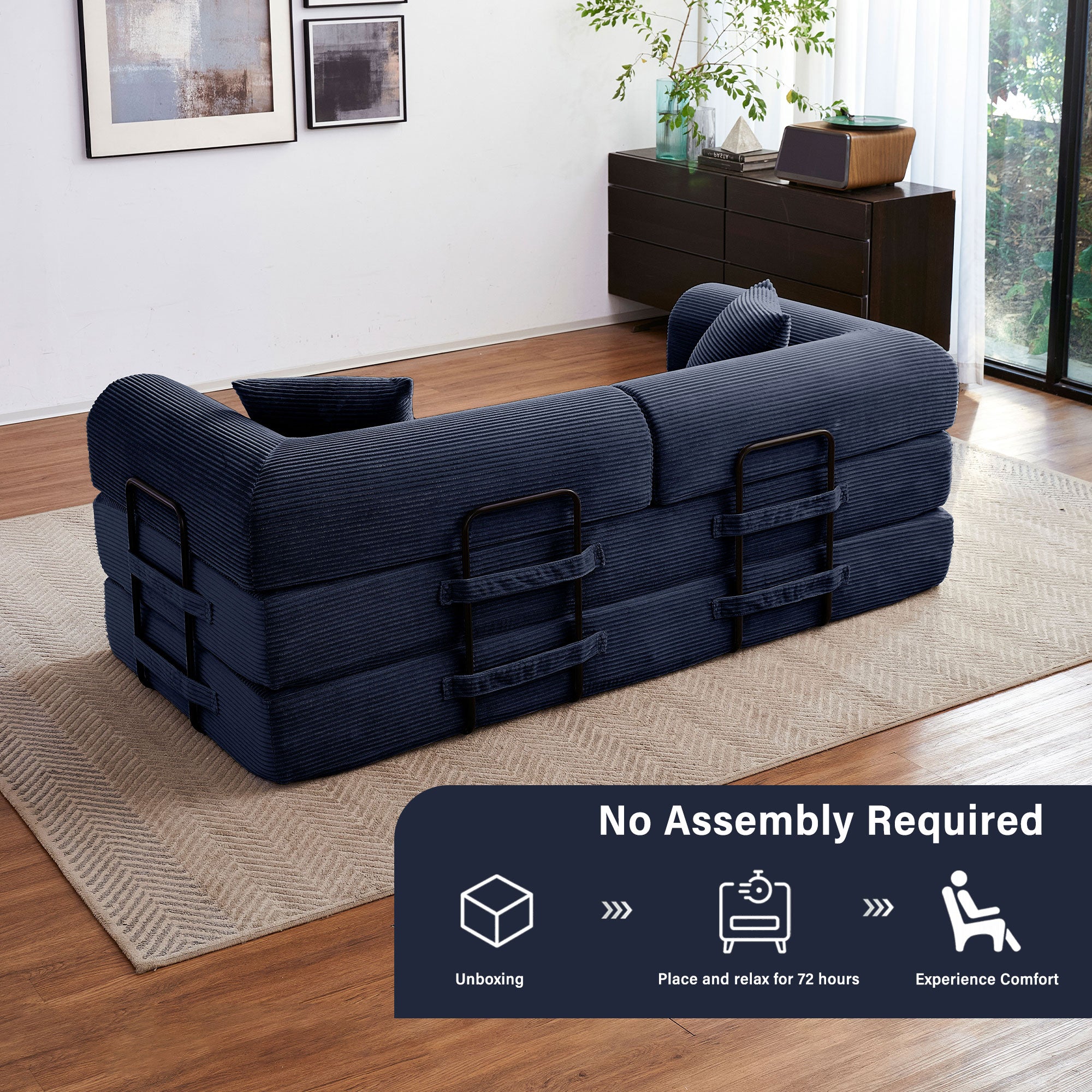 5-in-1 Folding Convertible Sofa Bed, 79" Corduroy Floor Couch Futon, Pull-Out Sleeper Loveseat, Modular Boneless Sofa for Living Room & Bedroom, Dark Blue