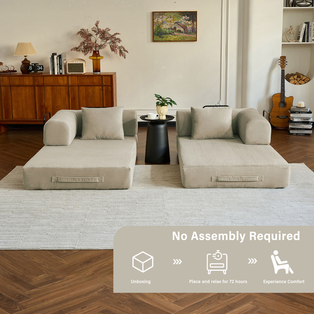 59" 5-in-1 Convertible Corduroy Sofa Bed, No-Assembly Boneless Loveseat Pull-Out Sleeper for Small Spaces(Beige)
