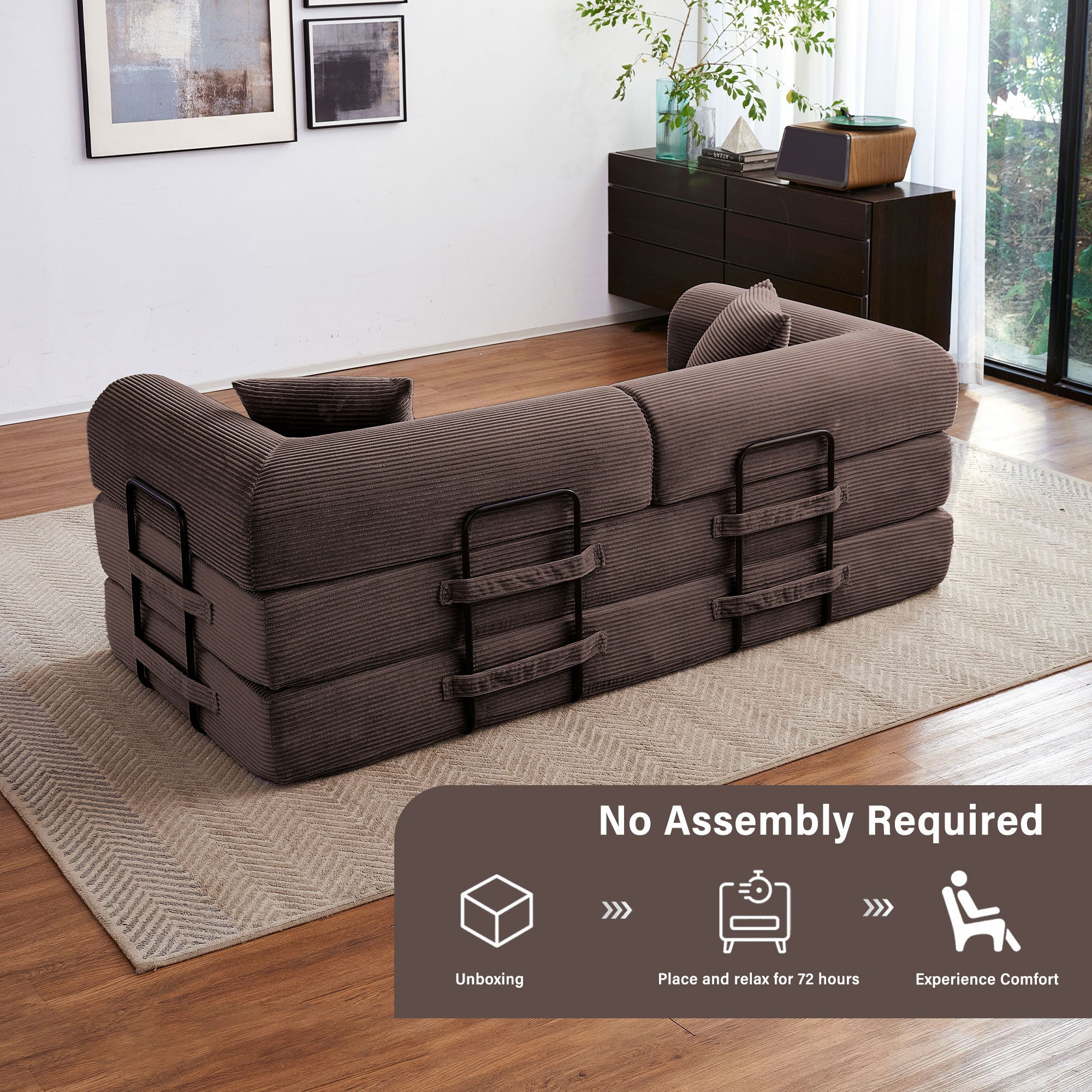 5-in-1 Folding Convertible Sofa Bed, 79" Corduroy Floor Couch Futon, Pull-Out Sleeper Loveseat, Modular Boneless Sofa for Living Room & Bedroom, Brown