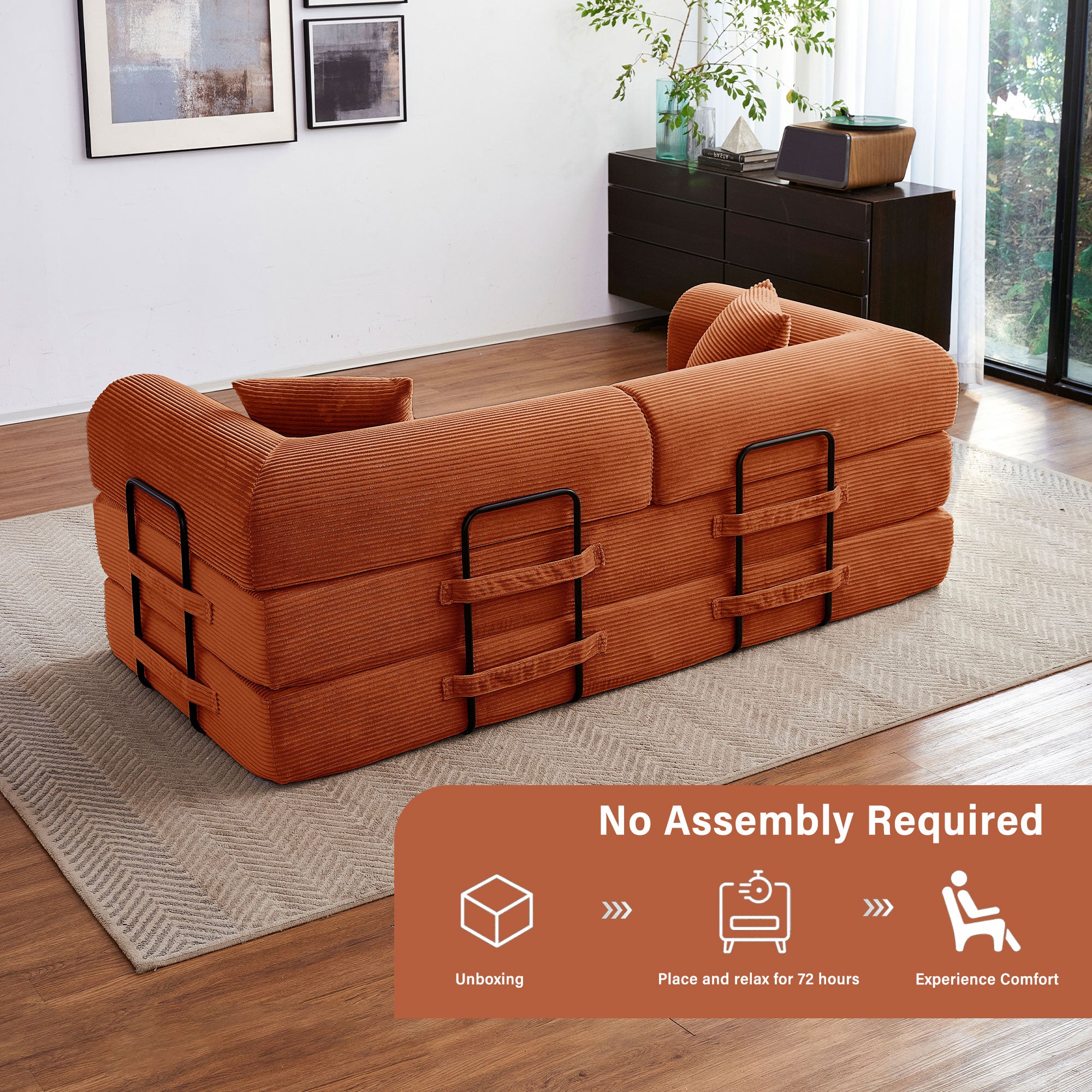 5-in-1 Folding Convertible Sofa Bed, 79" Corduroy Floor Couch Futon, Pull-Out Sleeper Loveseat, Modular Boneless Sofa for Living Room & Bedroom, Orange