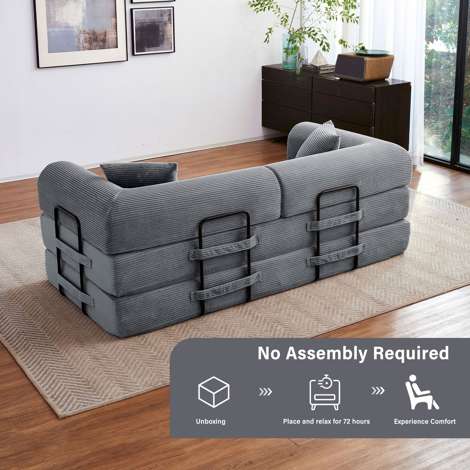 5-in-1 Folding Convertible Sofa Bed, 79" Corduroy Floor Couch Futon, Pull-Out Sleeper Loveseat, Modular Boneless Sofa for Living Room & Bedroom, Grey