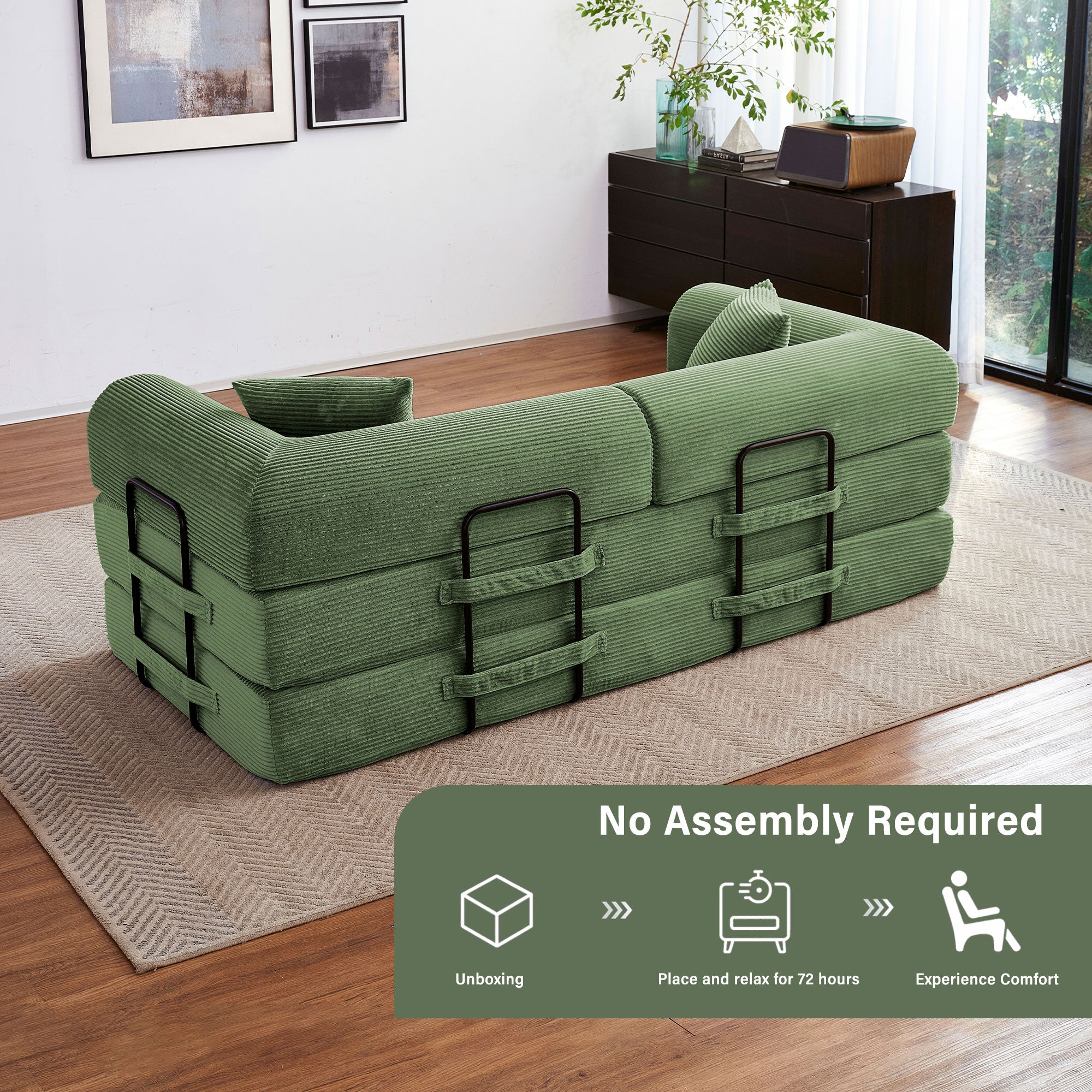 5-in-1 Folding Convertible Sofa Bed, 79" Corduroy Floor Couch Futon, Pull-Out Sleeper Loveseat, Modular Boneless Sofa for Living Room & Bedroom, Dark Green